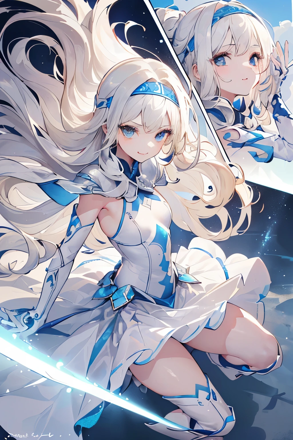 (((1girl))), ((best quality)), ((masterpiece)), ((ultra-detailed)), (illustration), (detailed light), (an extremely delicate and beautiful), (beautiful detailed eyes), (sunlight), ((extremely light)), ((extremely clothes)), (((hyper detail))),(((((front lighting))))),(((((front light))))),
((((quite adorable white Armor with a brief skirt and a headband)))),
(((Novice Destroyer))),
(((wavy long))), ((((platinum blonde)))), (((long hair))), (((sky blue eyes))),
((((whole body)))), aged 5 to 8, ((((())))), ((((very adorable young girl)))), ((condescending expression)), ((mischievous smile with sexual satisfaction)), (((extra adorable))), (((((extra slender shape))))), (((((extremely beautiful detailed face))))),
(((dynamically attacking enemies with a broad-sword))),
(((elegant magic boots))), (Dutch angle), (((elegant magic gloves))), ((transparent magical underskirt)), (a little bit exposed adorable magical panties)