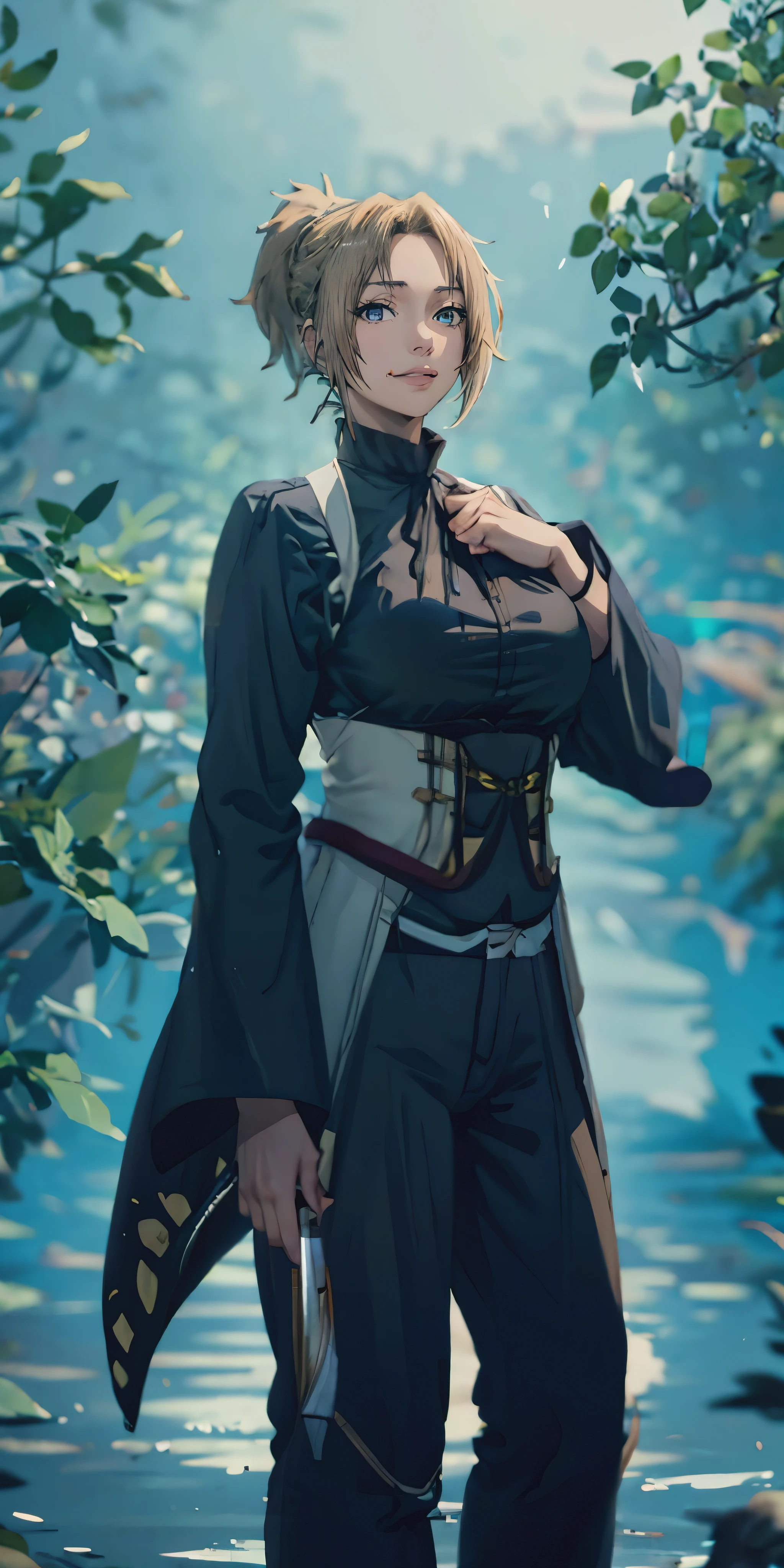 (blonde hair:1.4), blue eyes, low ponytail, large breasts,blue_butterfly, butterfly_hair_ornament,1girl, belt, animal_print, torn_clothes, haori, butterfly_print, katana, solo, breasts, japanese_clothes, wide_sleeves, long_sleeves, pants, black_pants, looking_at_viewer, flower, lips, coat, jacket, sheath, uniform, black_legwear, large_breasts, water
