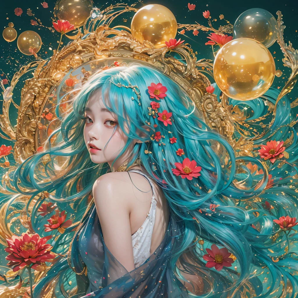 Light yellow blue colors,enamel,agate,A flesh-colored world,Blood Blue Maiden 32k(masterpiece,HD,Aoyama Pond,Ultra high quality,32k)long flowing bright blue hair,blood pool,Ziddink, a color,Grumpy (After greeting), (Linen scarf), fighting stance, looking at the ground, long white hair, Floating bright blue, Fire cloud gold headdress, Chinese long-sleeved gold silk burgundy garment, (Abstract metaverse splash:1.2), White background,Peony flower vitality protector(realistically:1.4),bright purple hair,Smoke on the road,The background is very pure, high resolution, detail, RAW photos, Sharp Re, Nikon D850 film photo by Jefferies Lee 4 Kodak Portra 400 camera F1.6 guns, colorful, Ultra-realistic and vivid textures, dramatic lighting, Unreal Engine Art Station Trend, Sinest 800,一个有着long flowing bright blue hair的女孩,huge colorful bubbles