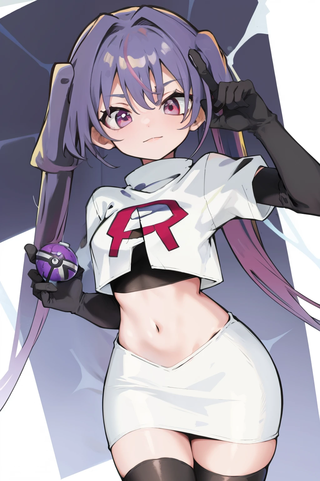 (solo, 1girl:1.2), 
(portrait), 
simple background,
official art, 
twintails, purple hair, purple eyes, multicolored eyes, spider girl, gradient eyes, 
team rocket,team rocket uniform, red letter R, white skirt,white crop top,black thigh-highs,black elbow gloves