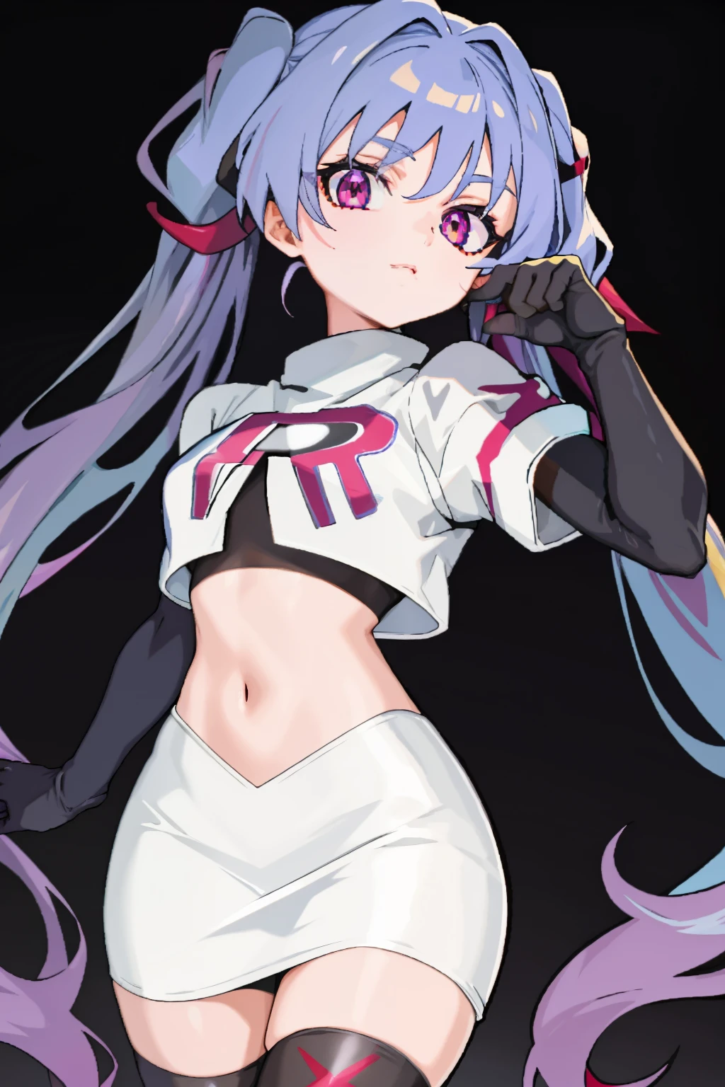 (solo, 1girl:1.2),
(portrait),
simple background,
official art,
twintails, purple hair, purple eyes, multicolored eyes, spider girl, gradient eyes,
team rocket,team rocket uniform, red letter R, white skirt,white crop top,black thigh-highs,black elbow gloves
