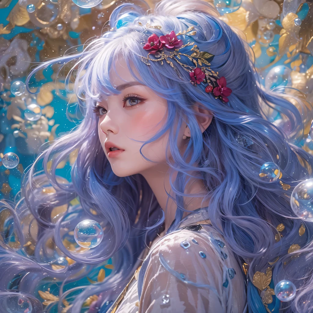 Light yellow blue colors，enamel，agate，A flesh-colored world，Blood Blue Maiden 32k（masterpiece，HD，Aoyama Pond，Ultra high quality，32k）long flowing bright blue hair，blood pool，Ziddink， a color，Grumpy （After greeting）， （Linen scarf）， fighting stance， looking at the ground， long white hair， Floating bright blue， Fire cloud gold headdress， Chinese long-sleeved gold silk burgundy garment， （Abstract metaverse splash：1.2）， White background，Peony flower vitality protector（realistically：1.4），bright purple hair，Smoke on the road，The background is very pure， high resolution， detail， RAW photos， Sharp Re， Nikon D850 film photo by Jefferies Lee 4 Kodak Portra 400 camera F1.6 guns, colorful, Ultra-realistic and vivid textures, dramatic lighting, Unreal Engine Art Station Trend, Sinest 800，一个有着long flowing bright blue hair的女孩，huge colorful bubbles