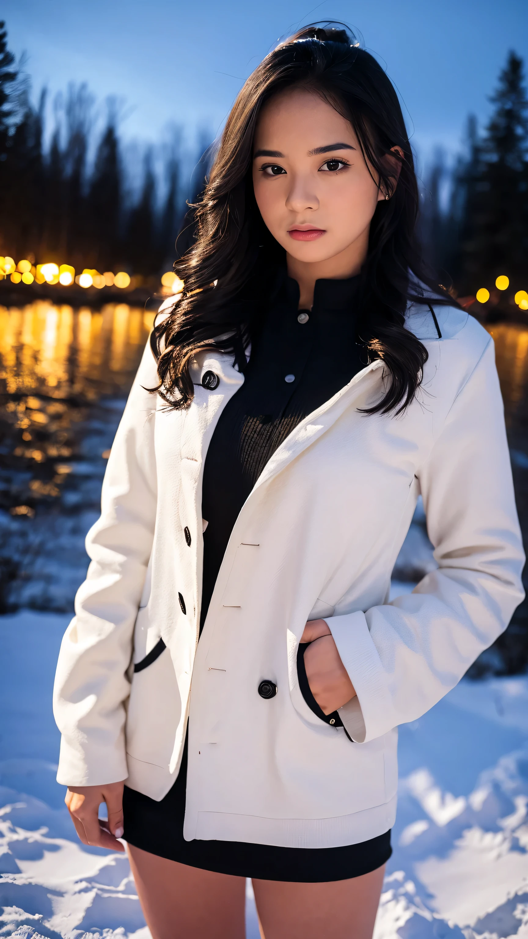 ((Masterpiece)), ((Best Quality)), 8K, HD, Super Detail, 1girl,medium breasts,medium hair,black hair ,black eyes,long sleeve ,long dress,jacket,boots,in Finland,winter,outdoors,snow,night,aurora, with the best quality and super detail,standing,hands below,upper body