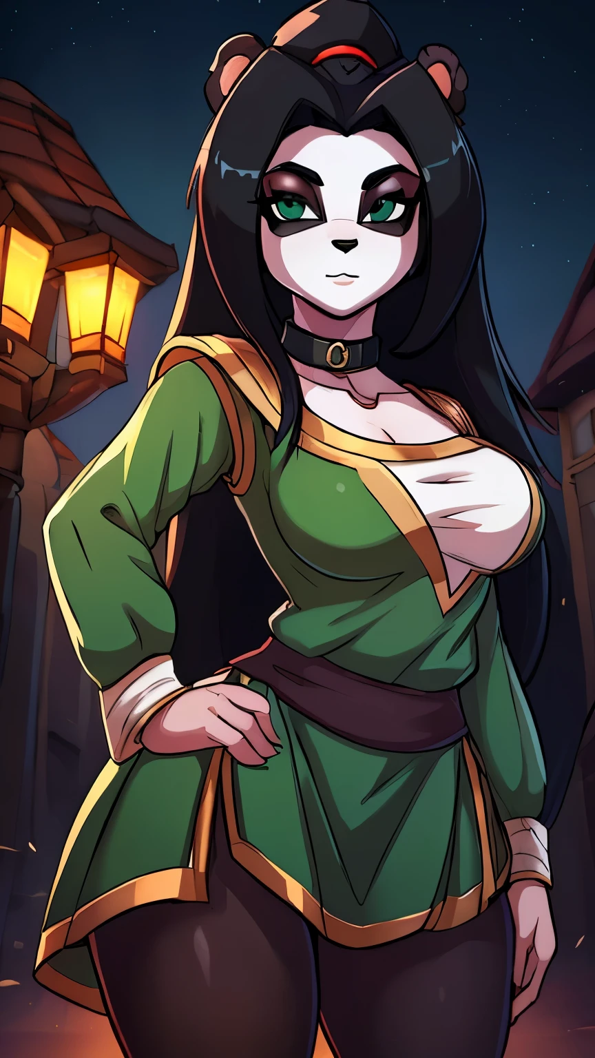 ((ultra quality)), ((Masterpiece)), pandaren girl ((Black long hair)), (Beautiful face), (beautiful female lips), charming, looks at the camera, eyes slightly open, (dark skin color), (dark skin), glare on the body, ((detailed beautiful female eyes)), (rosy big eyes), (juicy female lips), (dark eyeliner), (beautiful female hands), ((Ideal female figure)), Ideal female body, beautiful waist, gorgeous thighs, beautiful medium breasts, ((subtle and beautiful)), Sexy stance (), (fantasy medieval clothing, wearing a dark green sweater with white trim, dark green skirt with white trim, dark green choker) background: fantasy night city, ((depth of field)), ((high quality clear image)), (clear details), ((High detail)), realistically, professional photo session, ((Clear Focus)), anime