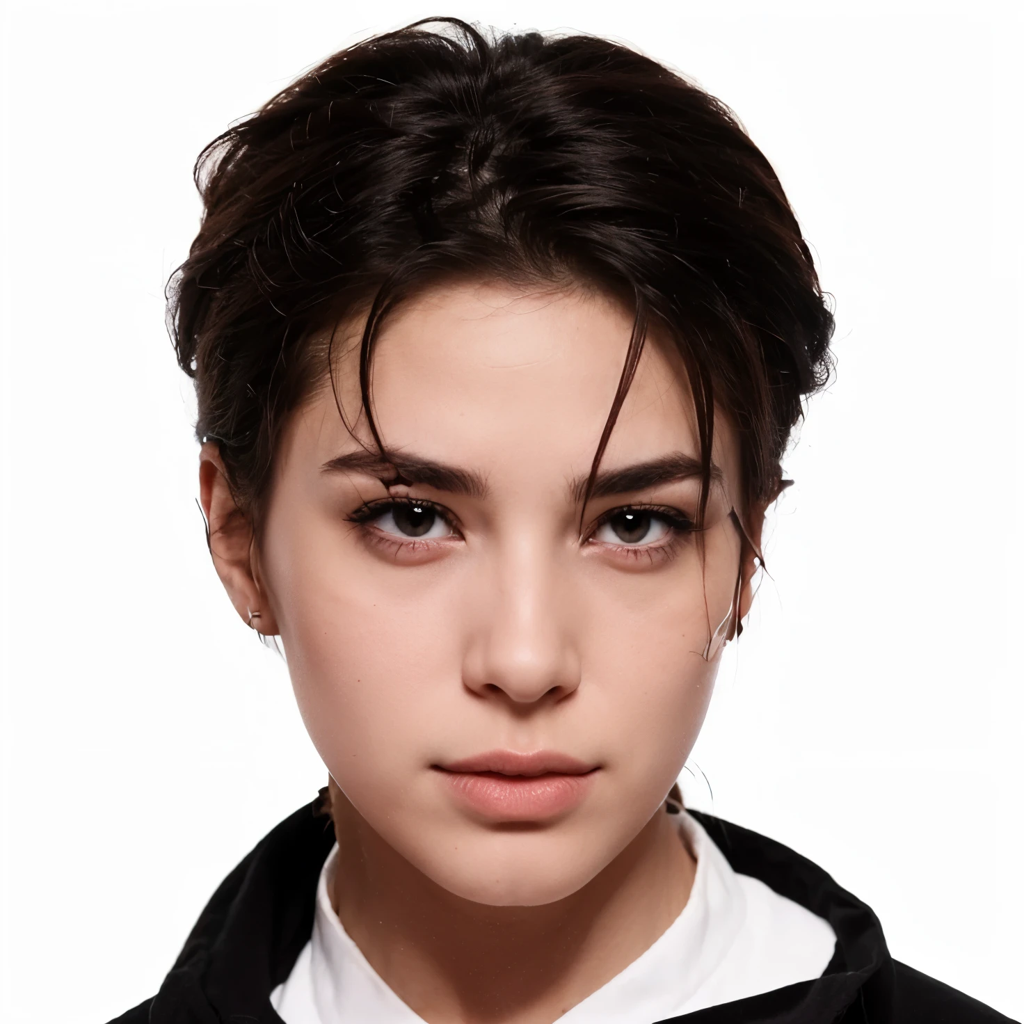 Ojos rojos, rasgos de demonio, cabello rojo y negro en capaz largo