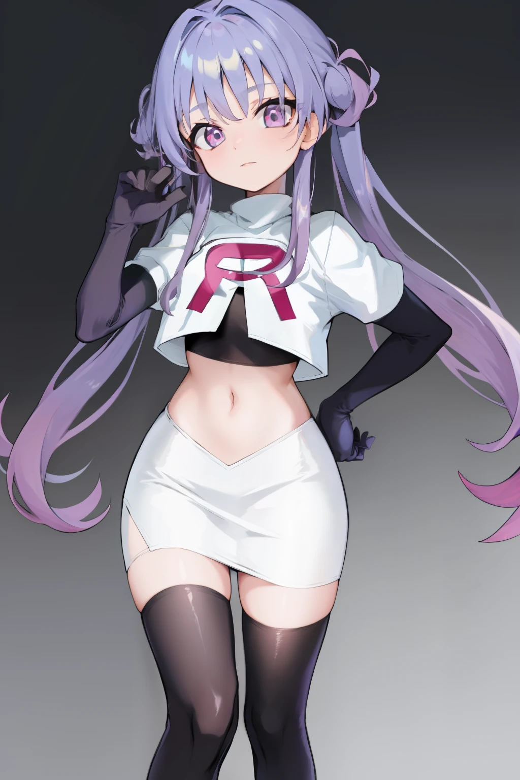 (solo, 1girl:1.2),
(portrait),
simple background,
official art,
twintails, purple hair, purple eyes, multicolored eyes, spider girl, gradient eyes,
team rocket,team rocket uniform, red letter R, white skirt,white crop top,black thigh-highs,black elbow gloves