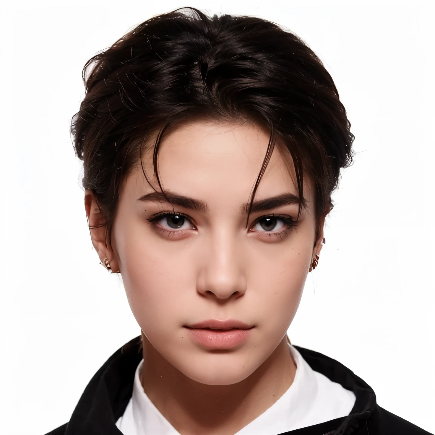 Ojos rojos, rasgos de demonio, cabello rojo y negro en capaz largo