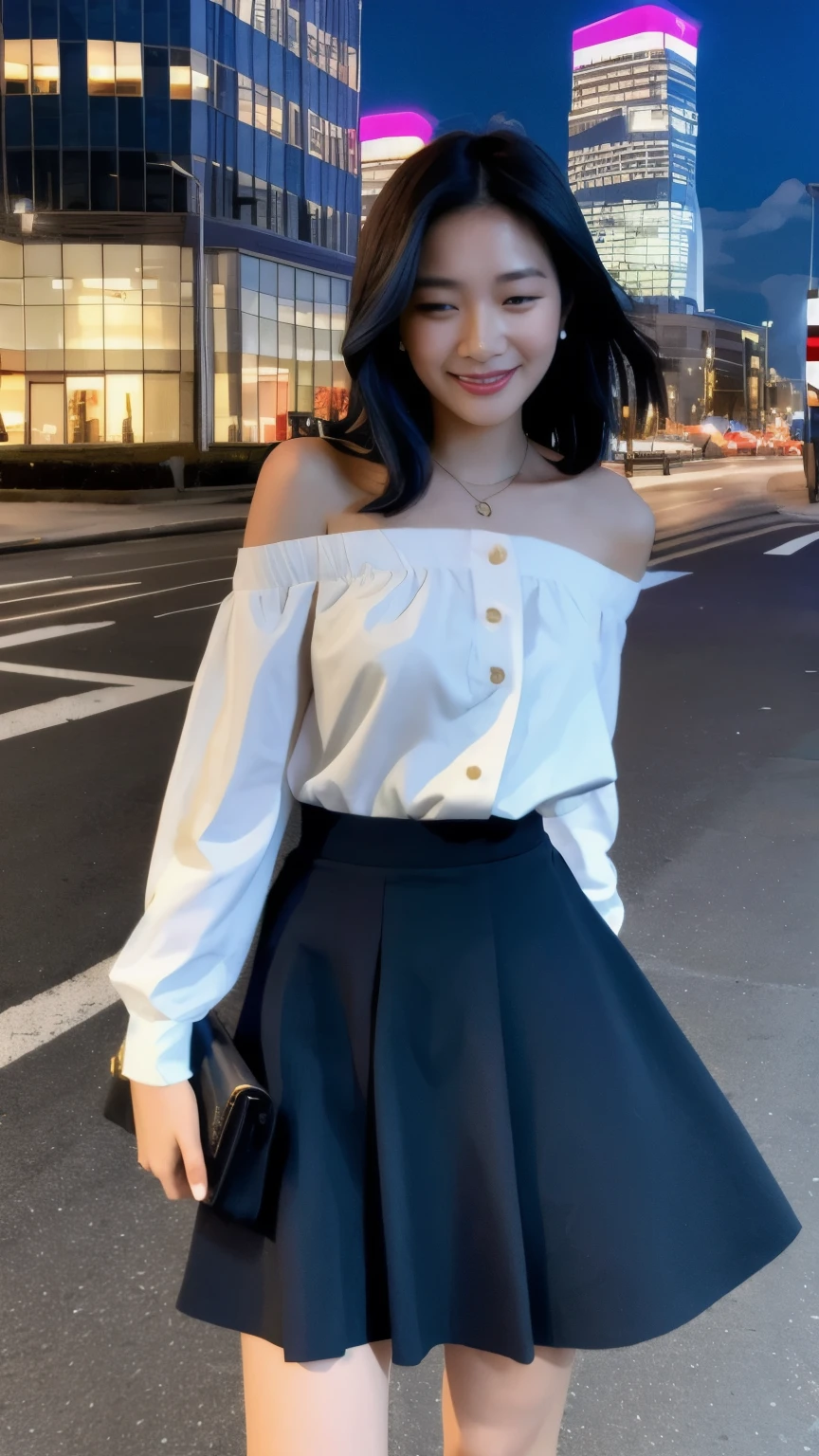 1girl, black_skirt, blue_hair, building, city, cityscape, hair_between_eyes, jacket, looking_at_viewer, medium_hair, multicolored_hair, multiple_boys, night, off_shoulder, outdoors, pleated_skirt, road, shirt, skirt, skyscraper, smile, solo_focus, street, white_shirt