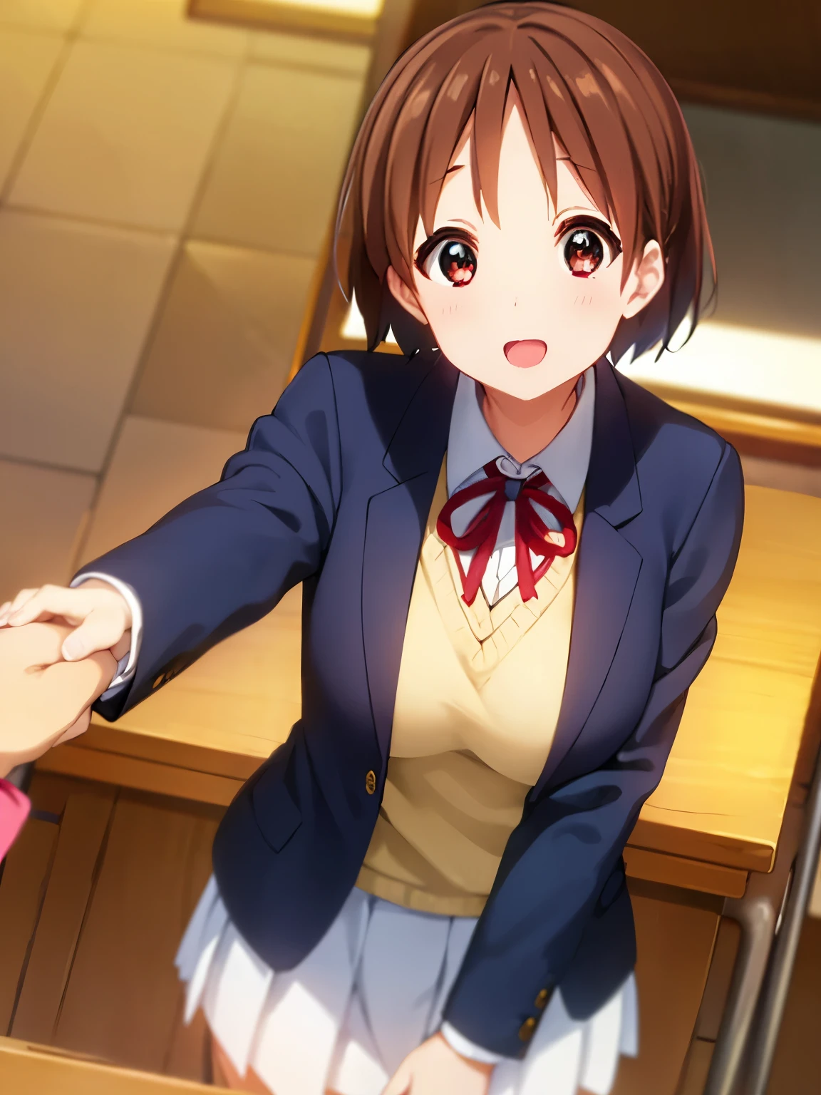 1girl, (((​masterpiece))), top-quality, top-quality, High Details,(((picture perfect))), 1girl, solo, ui hirasawa, school uniform, sweater vest, short sleeves, looking at viewer, school, classroom, smile, short hair, A brown-haired, brown-eyed, 独奏, reddish, Dark blue blazer with thin red ribbon, Solid white buttoned shirt under blazer, illustratio, comic strip, soothing tones, Subdued Color, Soft cinematic light, adobe lightroom, photolab, HDR, intricately and hyper-detailed、(((depth of fields))))。(((​masterpiece)))。(((top-quality))).)((ultra-detailliert)))。(((illustratio)))。(((takeout))).dynamic focus.big breasts.(((school))).(((A classroom))).(((Face of happy))). open mouth.(((hand holding birthday cake))).(((up chest))).((morning glow)).((the setting sun)).