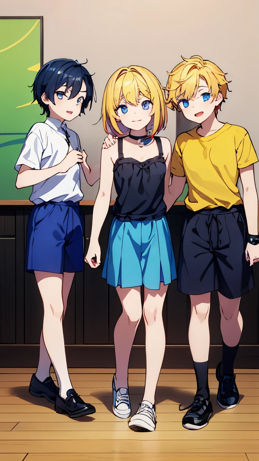 three male friends play and joke together, on the left side dark blue hair has red eyes, in the middle yellow blonde hair and green eyes, on the right side black hair has blue eyes, they are 17 years old.