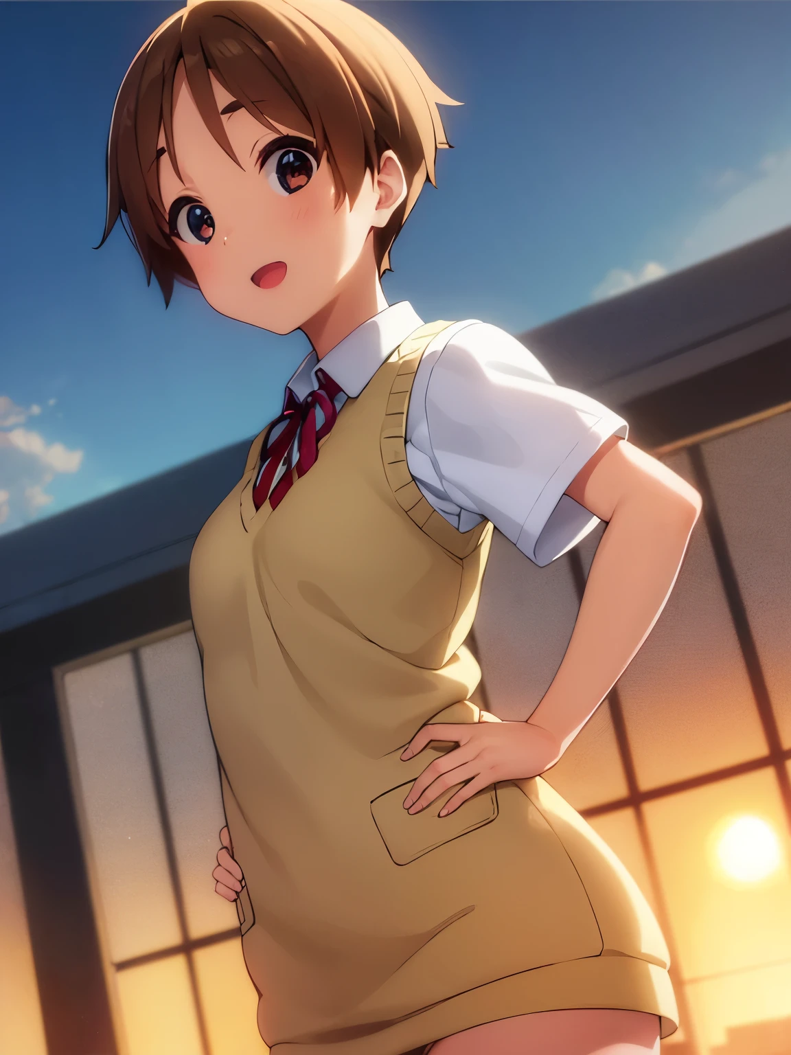 1girl, (((​masterpiece))), top-quality, top-quality, High Details,(((picture perfect))), 1girl, solo, ui hirasawa, school uniform, sweater vest, short sleeves, looking at viewer, smile, short hair, A brown-haired, brown-eyed, 独奏, reddish, Dark blue blazer with thin red ribbon, Solid white buttoned shirt under blazer, illustratio, comic strip, soothing tones, Subdued Color, Soft cinematic light, adobe lightroom, photolab, HDR, intricately and hyper-detailed、(((depth of fields))))。(((​masterpiece)))。(((top-quality))).)((ultra-detailliert)))。(((illustratio)))。(((takeout))).dynamic focus.big breasts.(((Skyscrapers))).(((A city scape))).(((Face of happy))). open mouth.(((put hands on the hip))).(((up chest))).((morning glow)).((the setting sun)).