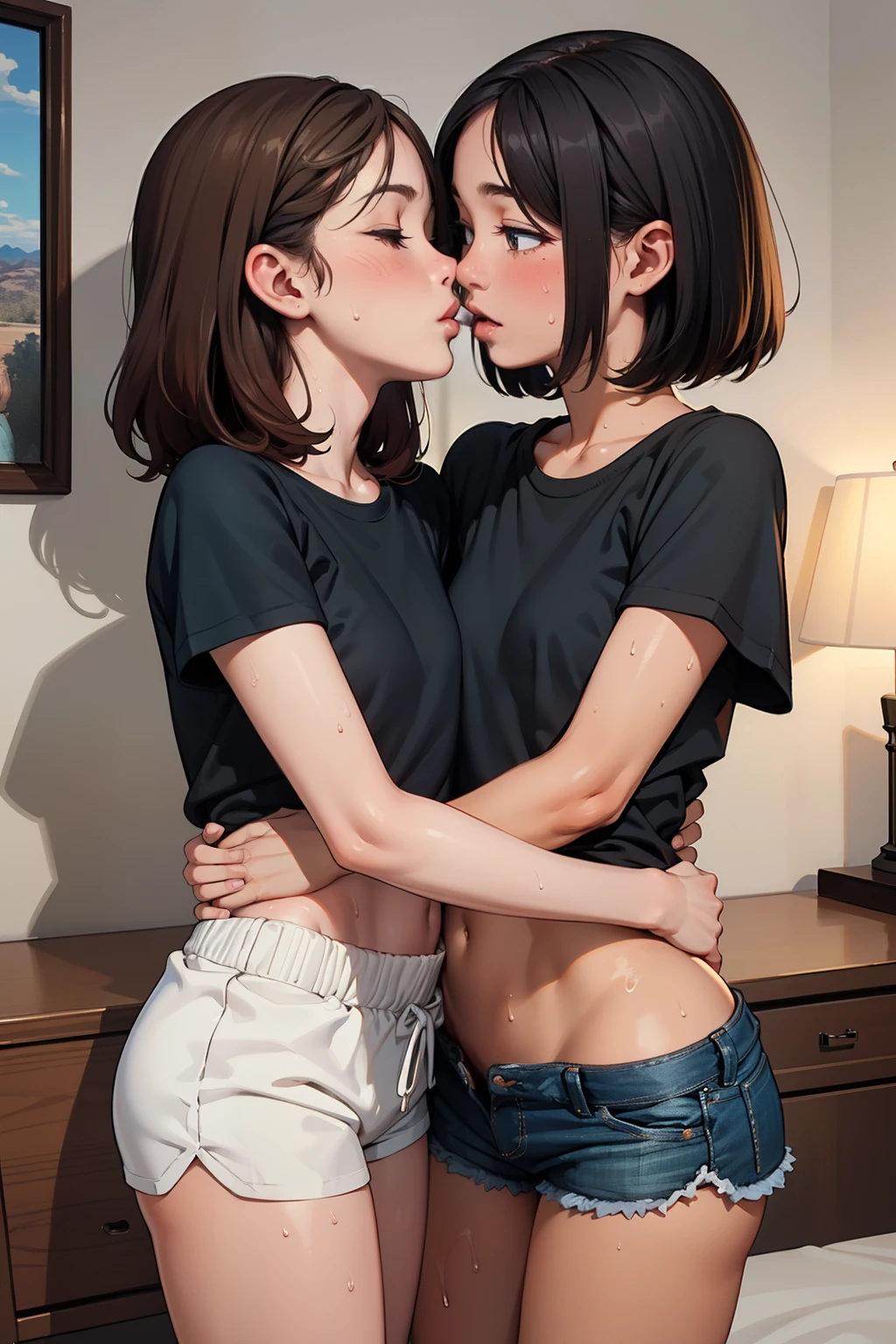 ((Best quality, 8k, masterpiece: 1.3)), Beautiful girl, slender figure: 1.1, toned abs, confusing, dark brown hair, very detailed face, lip details, detailed eyes, eyes closed, (Two women having fun by the bedside), Obscenity: 1,2, Pervert: 1,2, Lesbian: 1,2, Grabbing each other's buttocks, (Kissing), Blushing, ((Sweaty T-shirt) shirt)), ((shorts)), anatomically correct