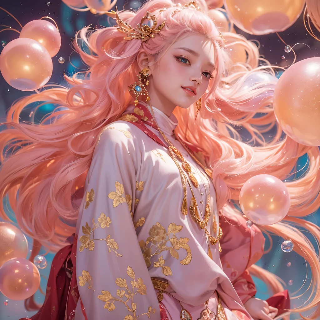 Peach Fuzz glossy black，Peach-colored flull颜色，enamel，agate，A flesh-colored world，Blood Blue Maiden 32k（masterpiece，HD，Aoyama Pond，Ultra high quality，32k）Bright pink long flowing hair，blood pool，Ziddink， a color，Grumpy （After greeting）， （Linen scarf）， fighting stance， looking at the ground， light pink long hair， Floating bright blue， Fire cloud gold headdress， Chinese long-sleeved gold silk burgundy garment， （Abstract metaverse splash：1.2）， White background，Peony flower vitality protector（realistically：1.4），Peach-colored flull，Smoke on the road，The background is very pure， high resolution， detail， RAW photos， Sharp Re， Nikon D850 film photo by Jefferies Lee 4 Kodak Portra 400 camera F1.6 guns, colorful, Ultra-realistic and vivid textures, dramatic lighting, Unreal Engine Art Station Trend, Sinest 800，Long flowing girl peach hair，Huge colorful bubbles light pink