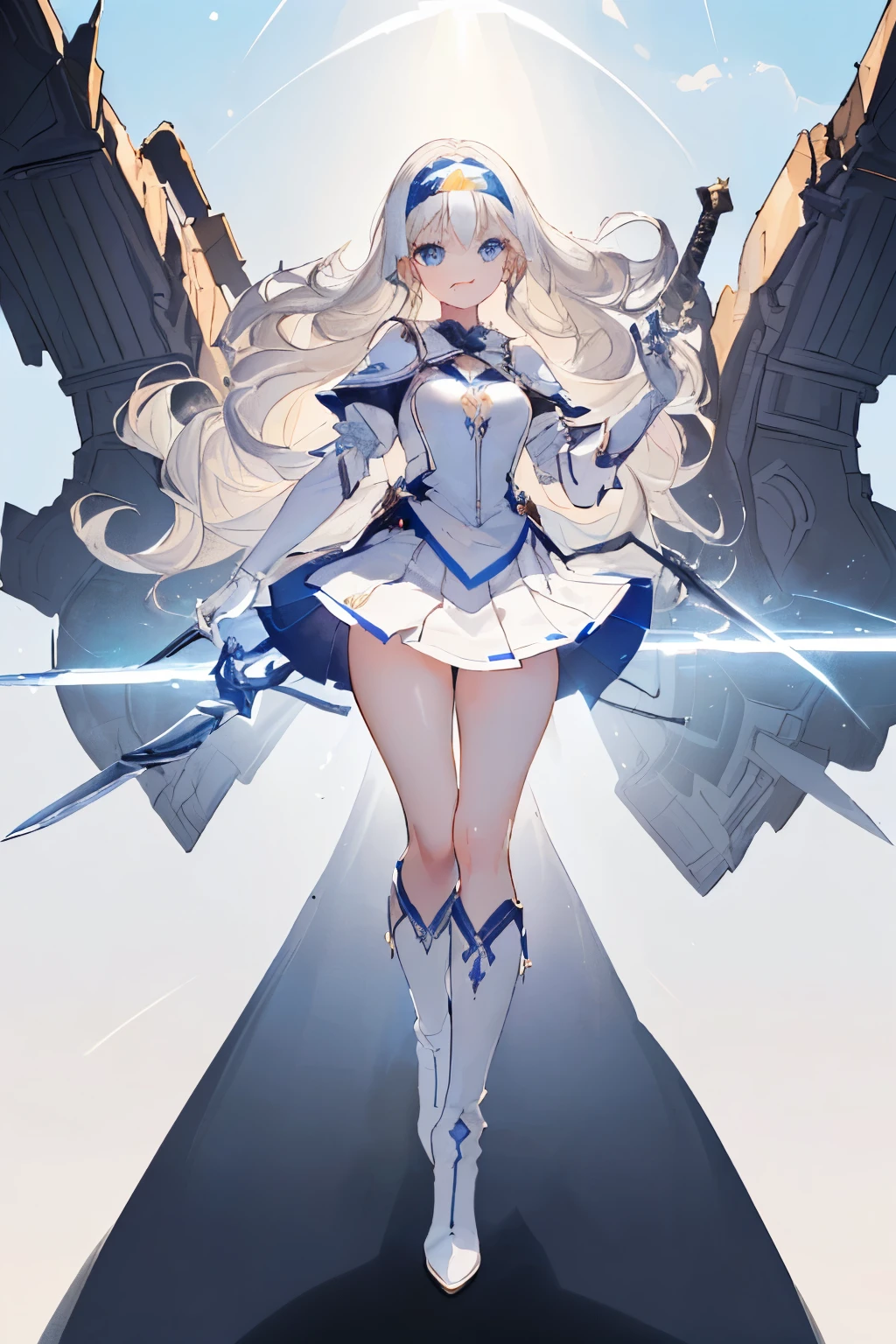 (((((1girl))))), ((best quality)), ((masterpiece)), ((ultra-detailed)), (illustration), (detailed light), (an extremely delicate and beautiful), (beautiful detailed eyes), (sunlight), ((extremely light)), ((extremely clothes)), (((hyper detail))),(((((front lighting))))),(((((front light))))),
((((quite adorable white Armor with a brief skirt and a headband)))),
(((Adept Destroyer))),
(((wavy long))), ((((platinum blonde)))), (((long hair))), (((sky blue eyes))),
((((whole body)))), aged 5 to 8, ((((())))), ((((very adorable young girl)))), ((condescending expression)), ((mischievous smile with sexual satisfaction)), (((extra adorable))), (((((extra slender shape))))), (((((extremely beautiful detailed face))))),
(((dynamically attacking enemies with a broad-sword))),
(((elegant magic boots))), (Dutch angle), (((elegant magic gloves))), ((transparent magical underskirt)), (a little bit exposed adorable magical panties)