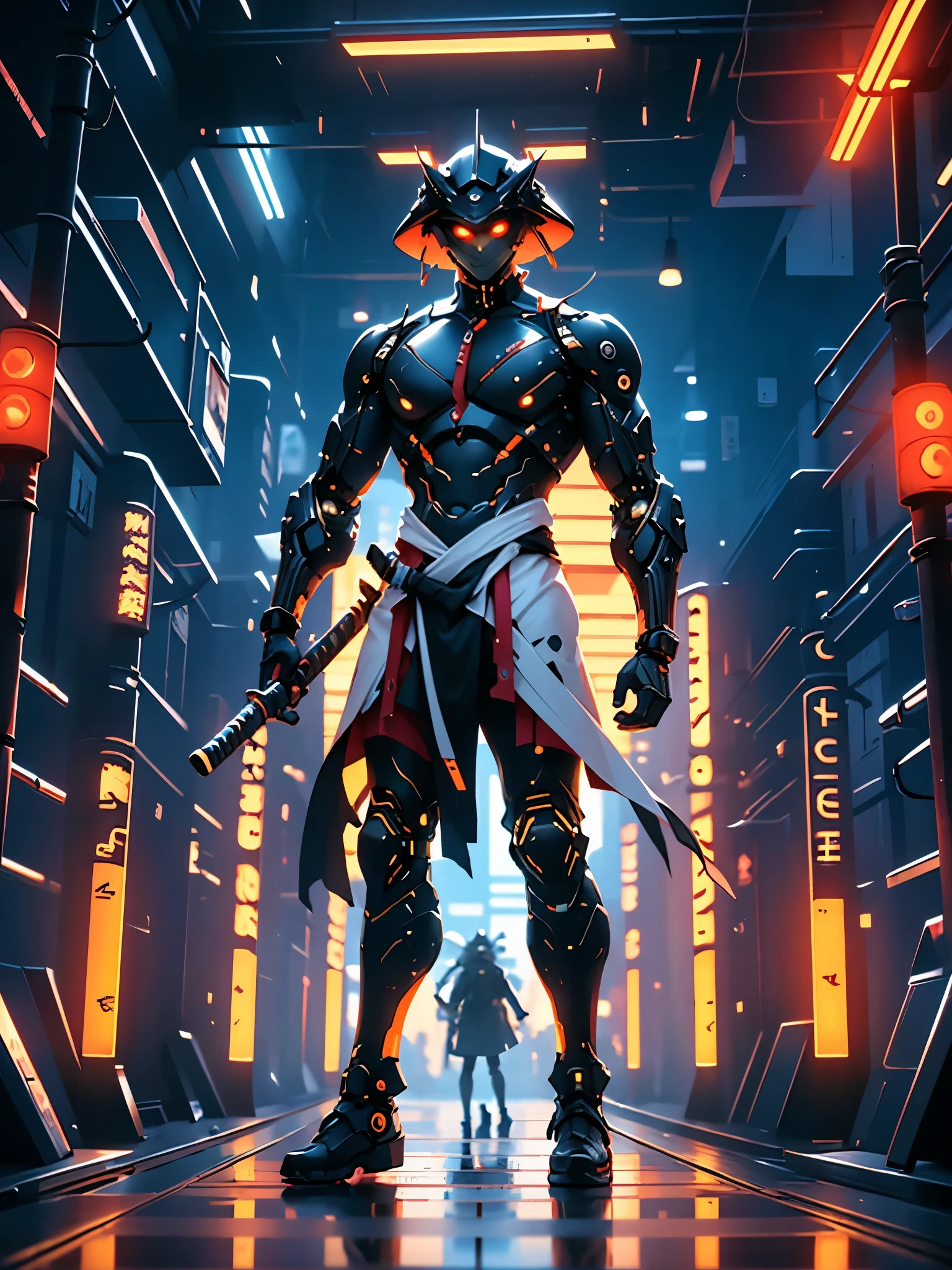 (best quality,UHD,highres,masterpiece:1.2),textured skin, high details, anatomically correct, SOLO, A Cyber Samurai, standing on a roof, midnight, cyberpunk style, neon lights, rain, intense atmosphere, futuristic cityscape, glowing katana, glowing cybernetic eyes, mysterious shadows, dynamic pose, reflections on wet surfaces, gritty textures, dramatic composition, smoke effects, cinematic feel
