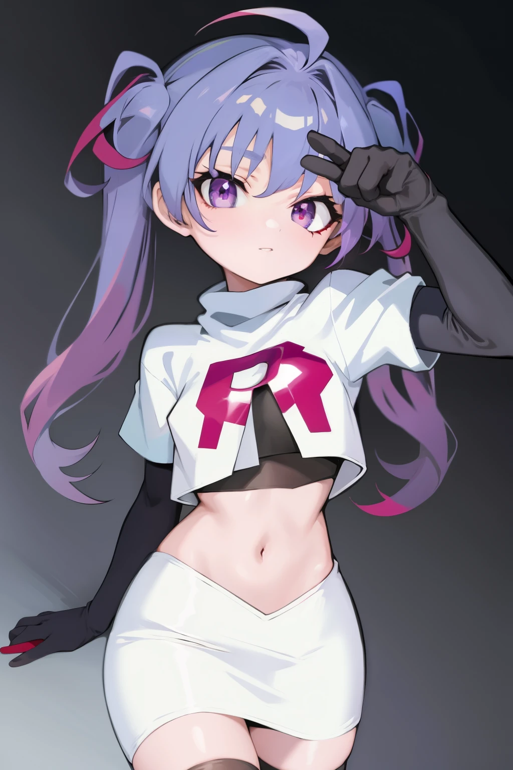 (solo, 1girl:1.2),
(portrait),
simple background,
official art,
twintails, purple hair, purple eyes, multicolored eyes, spider girl, gradient eyes,
team rocket,team rocket uniform, red letter R, white skirt,white crop top,black thigh-highs,black elbow gloves