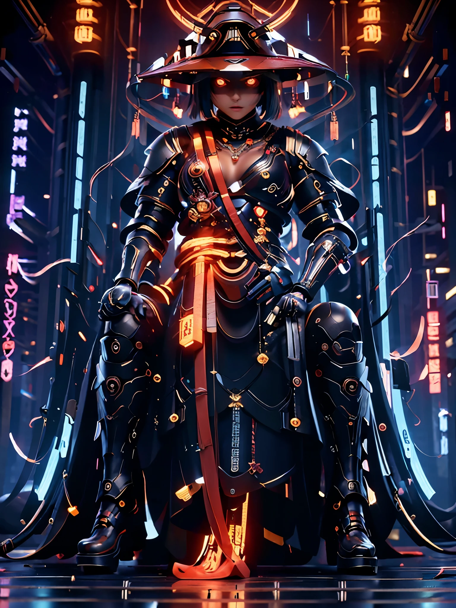 (best quality,UHD,highres,masterpiece:1.2),textured skin, high details, anatomically correct, SOLO, A Cyber Samurai, standing on a roof, midnight, cyberpunk style, neon lights, rain, intense atmosphere, futuristic cityscape, glowing katana, glowing cybernetic eyes, mysterious shadows, dynamic pose, reflections on wet surfaces, gritty textures, dramatic composition, smoke effects, cinematic feel