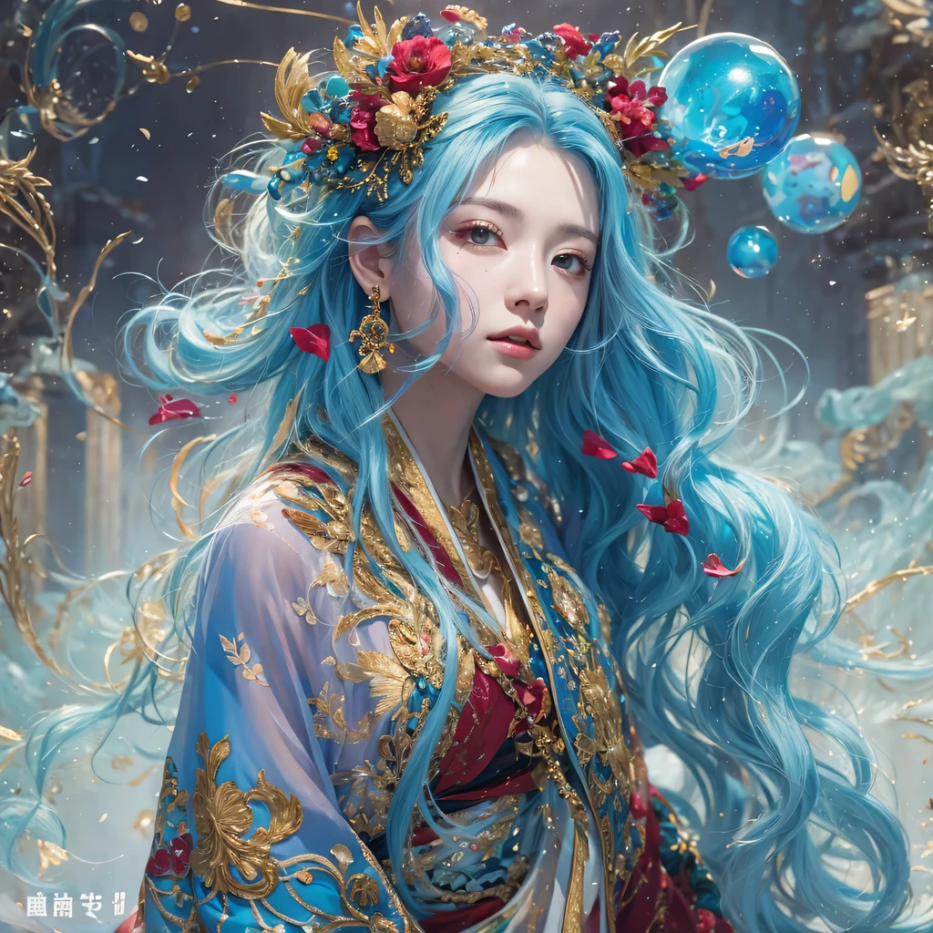 Yellow blue colors，enamel，agate，A flesh-colored world，Blood Blue Maiden 32k（masterpiece，HD，Aoyama Pond，Ultra high quality，32k）long flowing bright blue hair，blood pool，Ziddink， a color，Grumpy （After greeting）， （Linen scarf）， fighting stance， looking at the ground， long white hair， Floating bright blue， Fire cloud gold headdress， Chinese long-sleeved gold silk burgundy garment， （Abstract metaverse splash：1.2）， White background，Peony flower vitality protector（realistically：1.4），bright purple hair，Smoke on the road，The background is very pure， high resolution， detail， RAW photos， Sharp Re， Nikon D850 film photo by Jefferies Lee 4 Kodak Portra 400 camera F1.6 guns, colorful, Ultra-realistic and vivid textures, dramatic lighting, Unreal Engine Art Station Trend, Sinest 800，一个有着long flowing bright blue hair的女孩，huge colorful bubbles