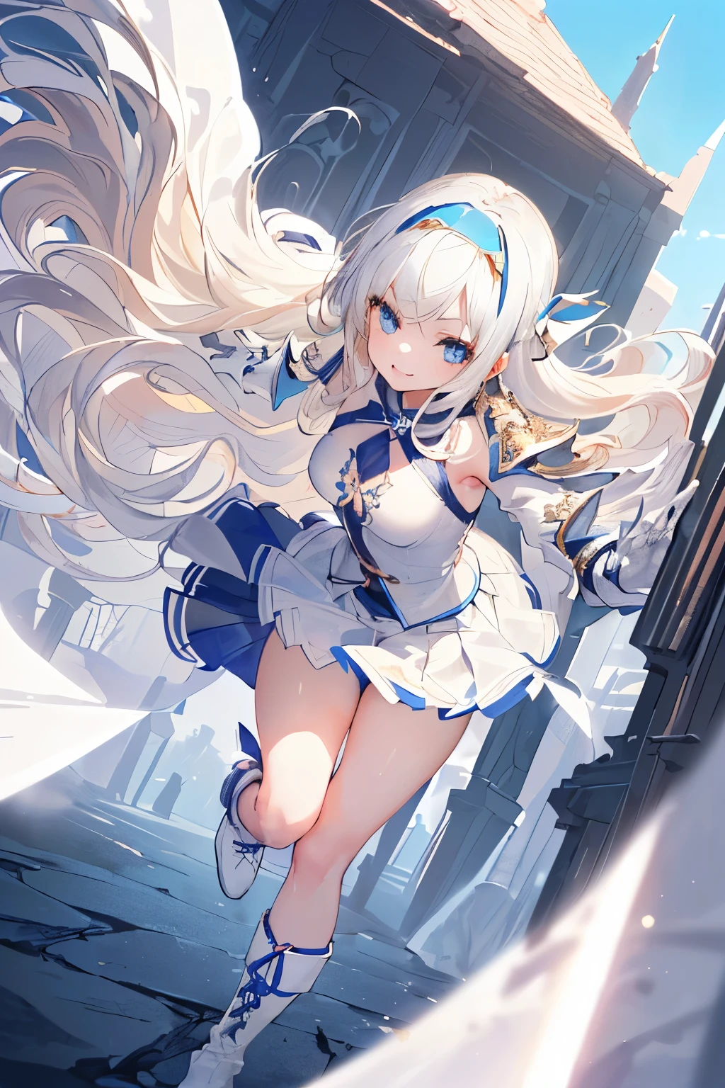 (((((1girl))))), ((best quality)), ((masterpiece)), ((ultra-detailed)), (illustration), (detailed light), (an extremely delicate and beautiful), (beautiful detailed eyes), (sunlight), ((extremely light)), ((extremely clothes)), (((hyper detail))),(((((front lighting))))),(((((front light))))), 

((((quite adorable white Armor with a brief skirt and a headband)))), 
(((Adept Destroyer))), 

(((wavy long))), ((((platinum blonde)))), (((long hair))), (((sky blue eyes))), 

((((whole body)))), aged 5 to 8, ((((very adorable young girl)))), ((condescending expression)), ((mischievous smile with ?????? satisfaction)), (((extra adorable))), (((((extra slender shape))))), (((((extremely beautiful detailed face))))), 

(((dynamically attacking enemies with a broad-sword))), 

(((elegant magic boots))), (Dutch angle), (((elegant magic gloves))), ((transparent magical underskirt)), (a little bit exposed adorable magical panties)