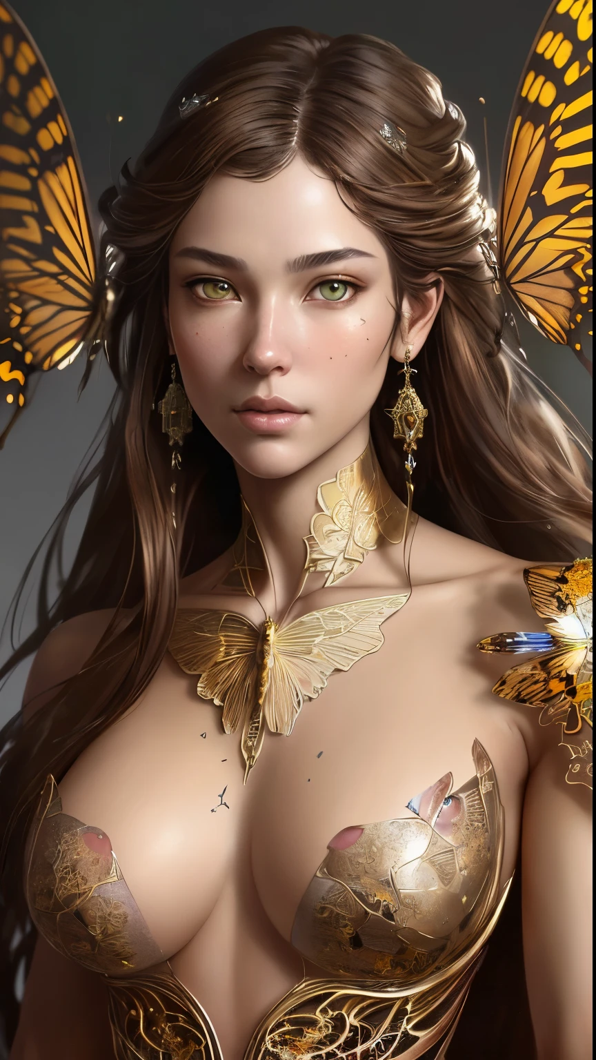 8k portrait of beautiful cyborg with brown hair, intricate, elegant, highly detailed, majestic, digital photography, art by artgerm and ruan jia and greg rutkowski surreal painting gold butterfly filigree, broken glass, (masterpiece, sidelighting, finely detailed beautiful eyes: 1.2), hdr,