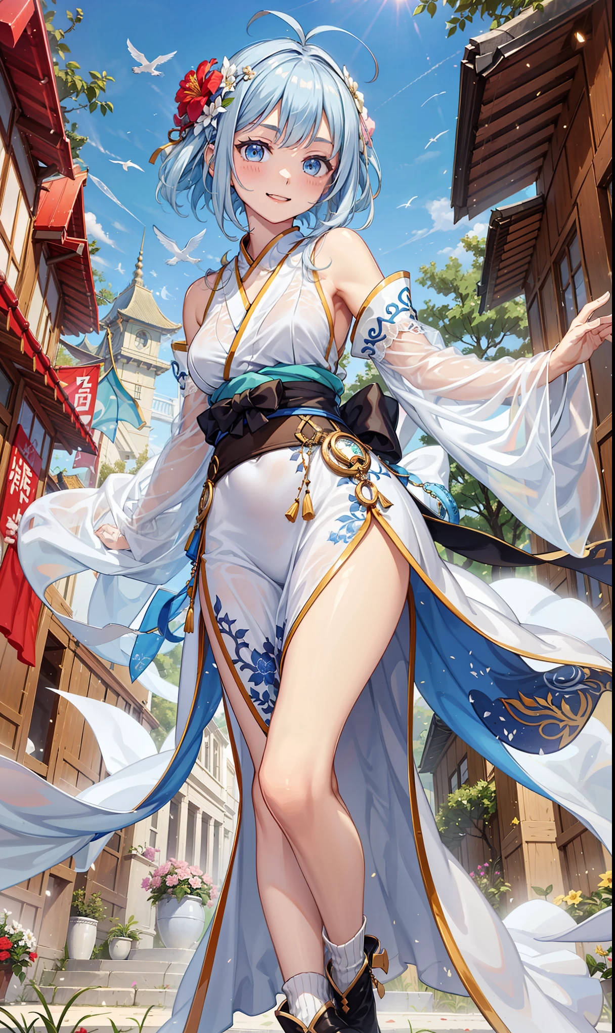 (best quality, masterpiece), 1women ,4k, 8k, uhd, hdr, detailed background, beautiful detailed eyes, long hair, blue cheongsam, full body photo, ancient Chinese style, white cloth bun bun, shoulders, slender legs, smile, white pantyhose, pantyhose lace side, white underwear, embroidered dress, full body, yoimiya, bangs, blonde hair, hair ornament, hair between eyes, ponytail, sidelocks, orange eyes, light brown hair, 1women ,4k, 8k, uhd, hdr, detailed background,mature female, dynamic pose, full body, ,skin pores, score_9, score_8_up, score_7_up, (sfw), (cowboy shot, dutch angle:1.2), 1girl, solo, mature female, whole body shot ,1girl, solo, mature female, smiling,1girl, solo, mature female, big breasts, dynamic angle, (negative_v2 Color_Balance_Calibration:0.8), Stable_Yogis_Animetoon_Negatives, negativeXL_D, aidxlv05_neg, indoor background
