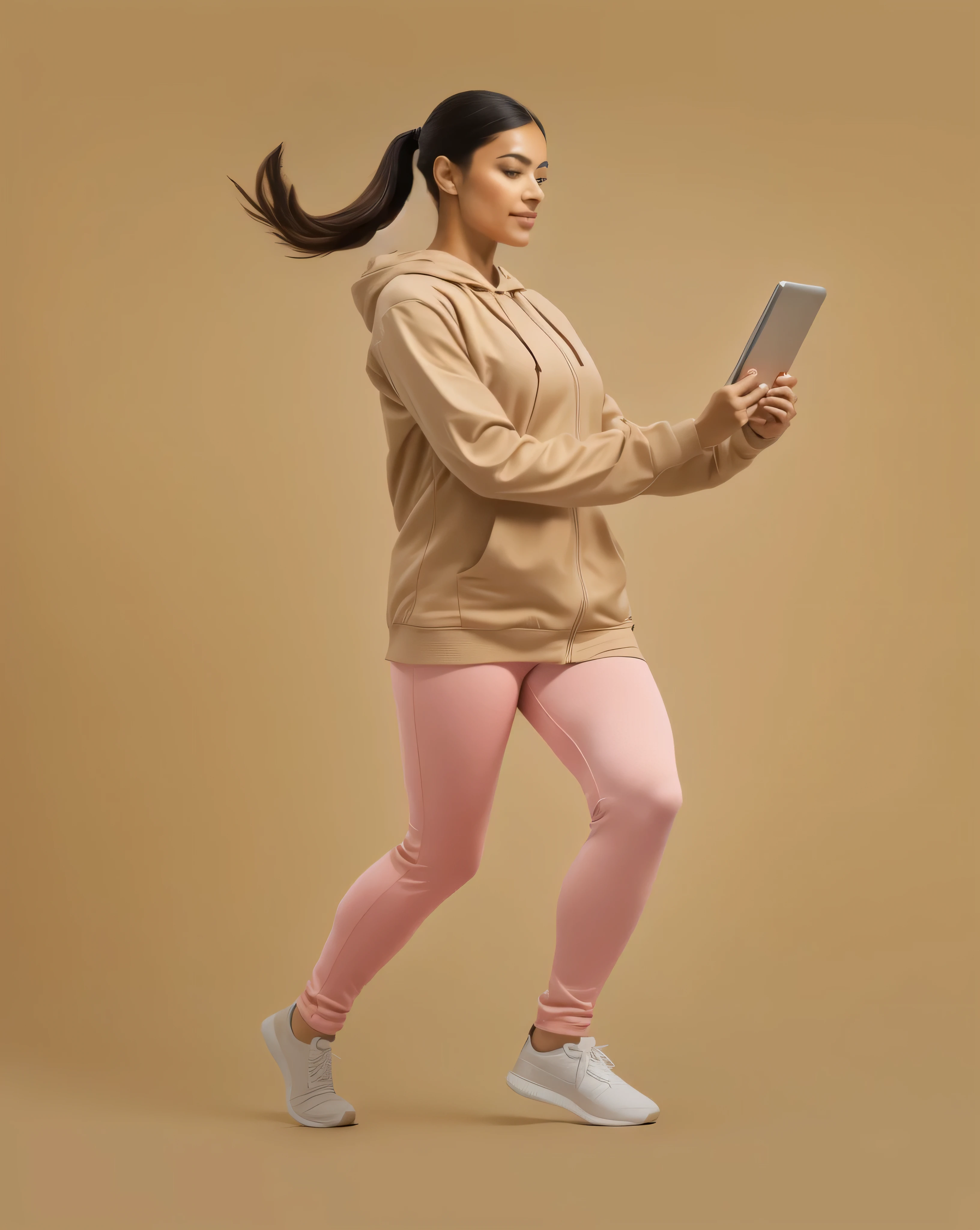 araffe woman in a tan jacket and pink leggings holding a tablet, full body action pose, in an action pose, beige hoodie, full body with dynamic pose, full body profile pose, side view of her taking steps, full body profile camera shot, full body potrait holding bottle, running pose, full body portrait posing, standing athletic pose