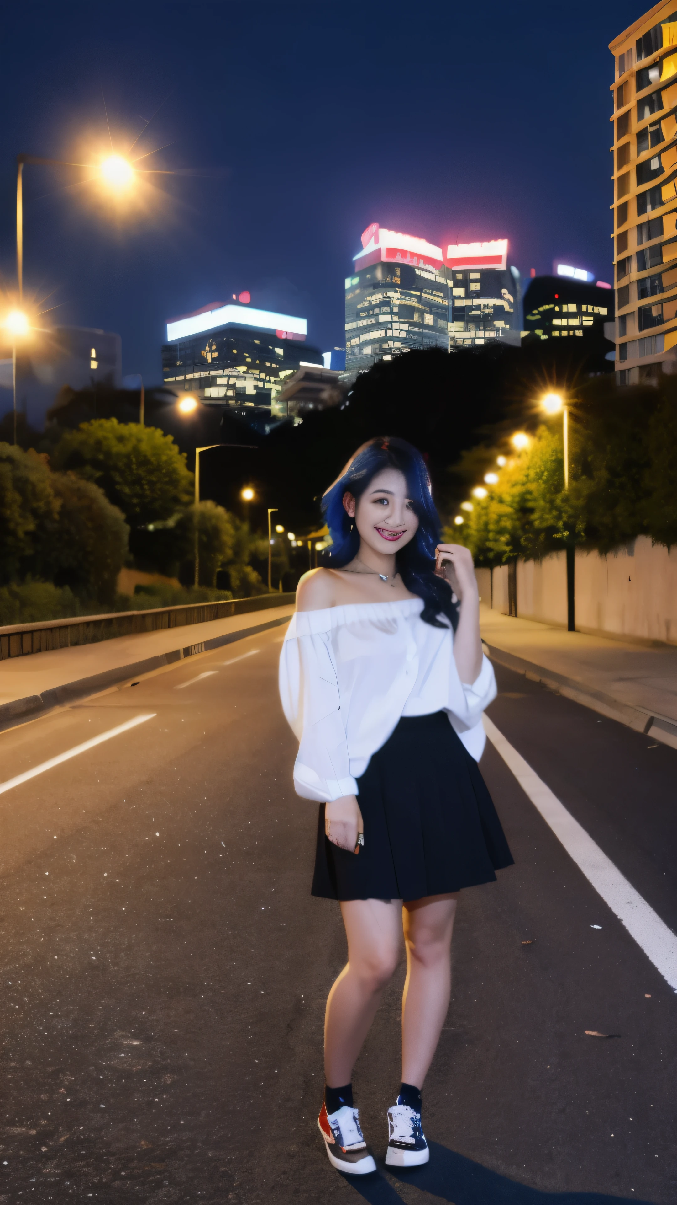 1girl, black_skirt, blue_hair, building, city, cityscape, hair_between_eyes, jacket, looking_at_viewer, medium_hair, multicolored_hair, multiple_boys, night, off_shoulder, outdoors, pleated_skirt, road, shirt, skirt, skyscraper, smile, solo_focus, street, white_shirt