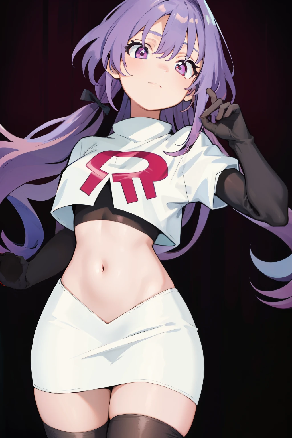 (solo, 1girl:1.2),
(portrait),
simple background,
official art,
twintails, purple hair, purple eyes, multicolored eyes, spider girl, gradient eyes,
team rocket,team rocket uniform, red letter R, white skirt,white crop top,black thigh-highs,black elbow gloves