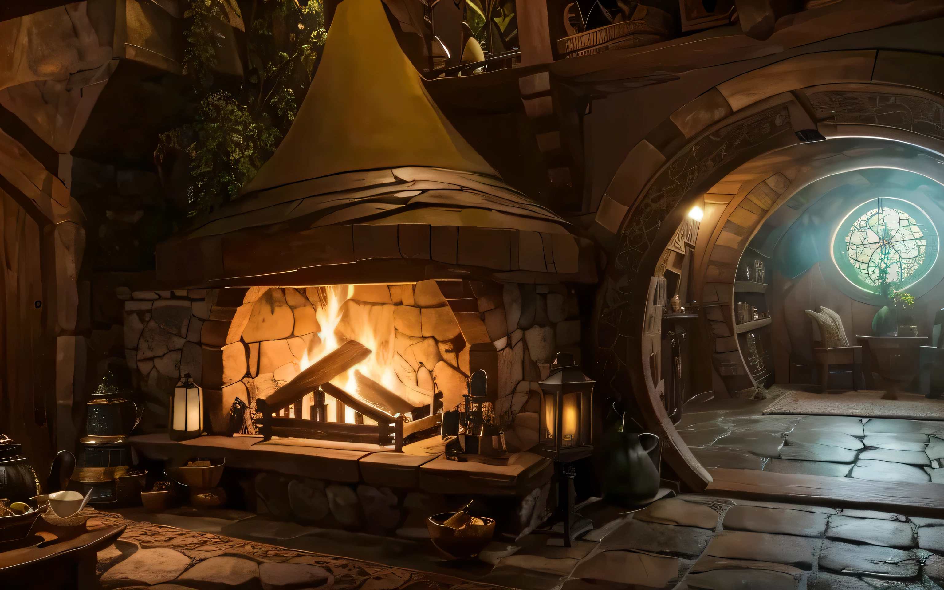 grande lareira na casa de madeira do hobbit. Uma sala cheia de objetos, uma mesa com mercadorias, kettle and cup of coffee, uma estante ao lado da lareira, e no final, um lindo vitral, uma sala de objetos detalhados (Do it better, MAIS DETALHADO)