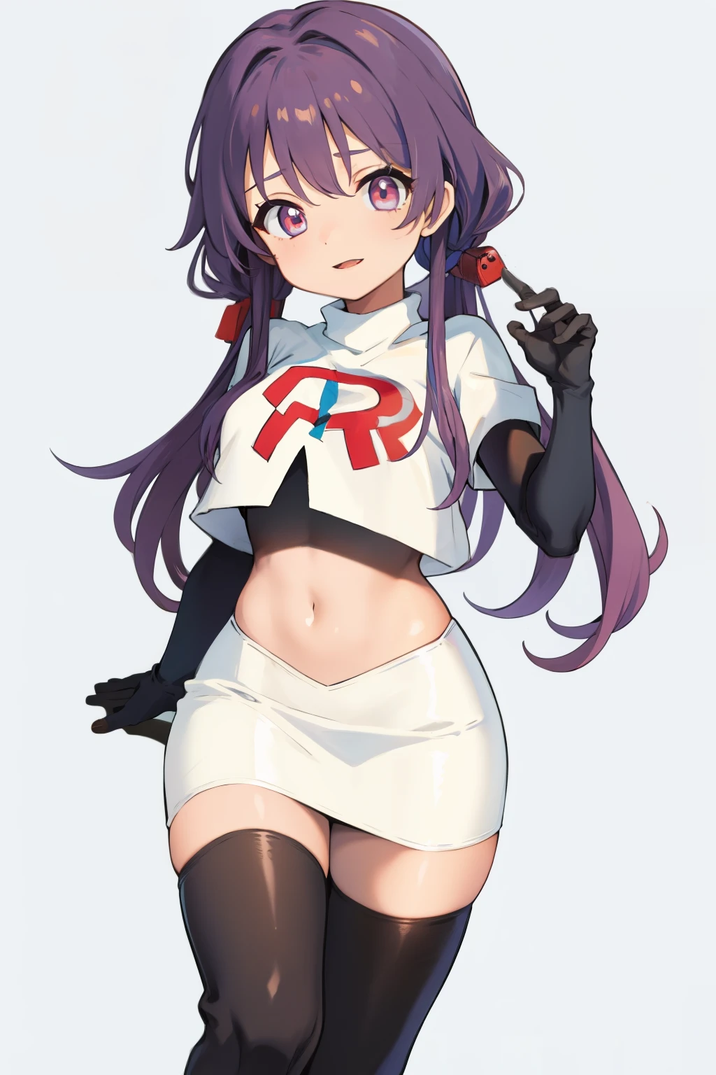 (solo, 1girl:1.2),
(portrait),
simple background,
official art,
twintails, purple hair, purple eyes, multicolored eyes, spider girl, gradient eyes,
team rocket,team rocket uniform, red letter R, white skirt,white crop top,black thigh-highs,black elbow gloves