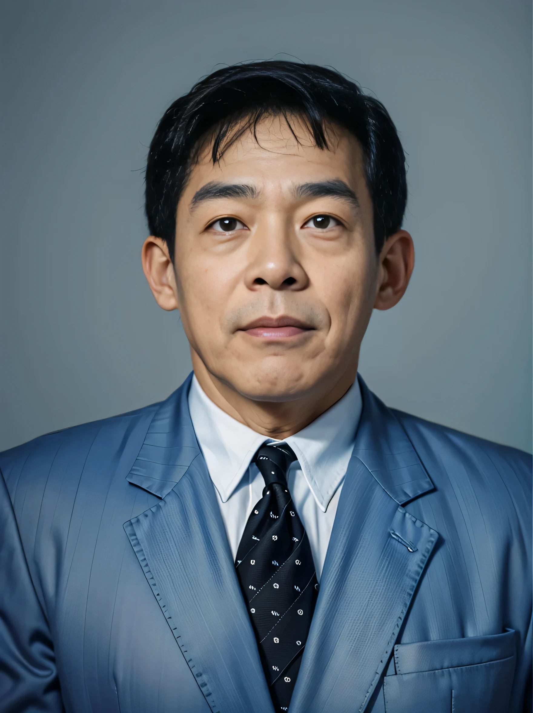 Highly realistic photo, ((masterpiece), (best quality), (raw photo), (photorealistic:1.4), Portrait of Vietnamese old man, 65 years old, ((black hair)), ((wearing a black suit)), ((light blue gradient background)), photo taken by Sony A7IV