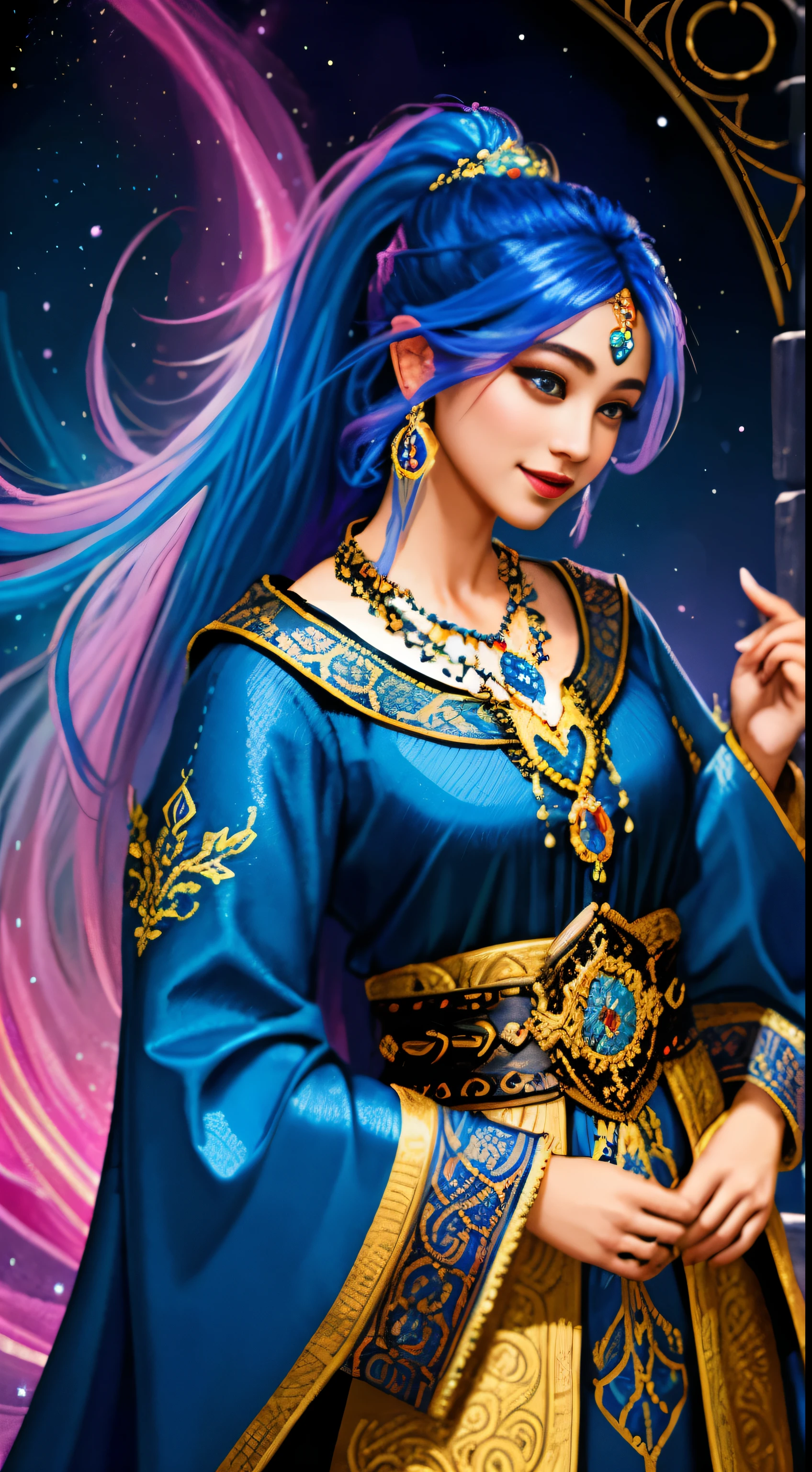 A captivating, intricately crafted colorful portrait illustration of an alluring female wizard, her long flowing ponytail cascading down her back, adorned in majestically embroidered, richly hued blue wizard robes. Accessorized with a dazzling necklace, an abundance of pouches and intricately woven belts, her face radiates a warm, welcoming smile.
Masterfully executed with the highest degree of detail, this mesmerizing artwork unfolds within the mystical confines of an enchanted dungeon. Illuminated by the ethereal glow of large, intricately designed glowing runed circles, the