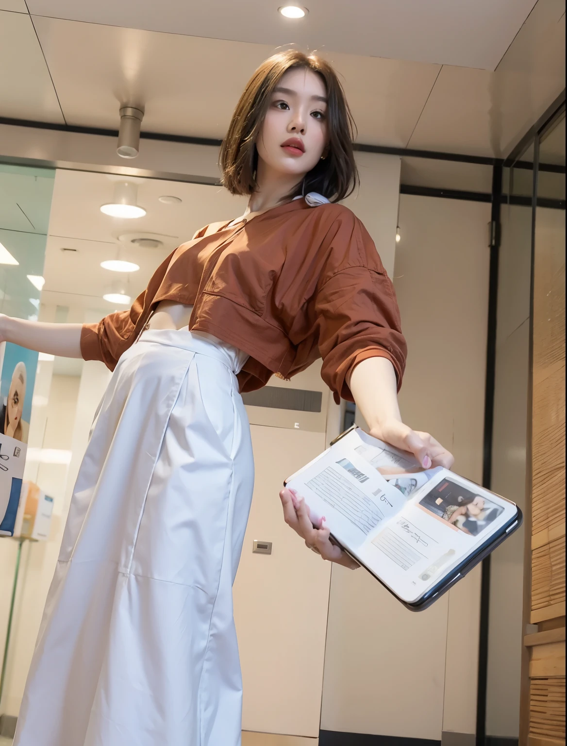 Woman in orange shirt and white skirt holding notebook and a book, Holding a very advanced mobile phone, She is holding a smartphone, Portrait shoot, Model posing, picture, Strike an elegant pose in front of the camera, hold it up to camera, Full Body Contour Camera Shot, Full of energy and vitality, Strike a cool pose, A hand holding a smartphone, leaked images