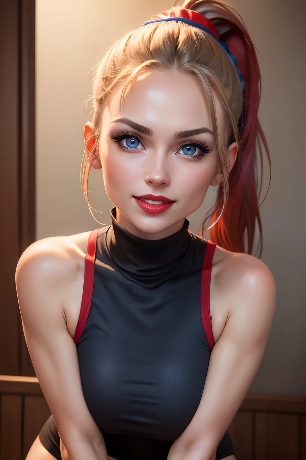 hot 30 year old woman, sleeveless turtleneck shirt and elastic shorts, red lips, blue eyes, (((ponytail)))salivating, orgasm eyes, seductive smile, erotic, rain, NSFW, close-up, fingers --style realistic-imagine -