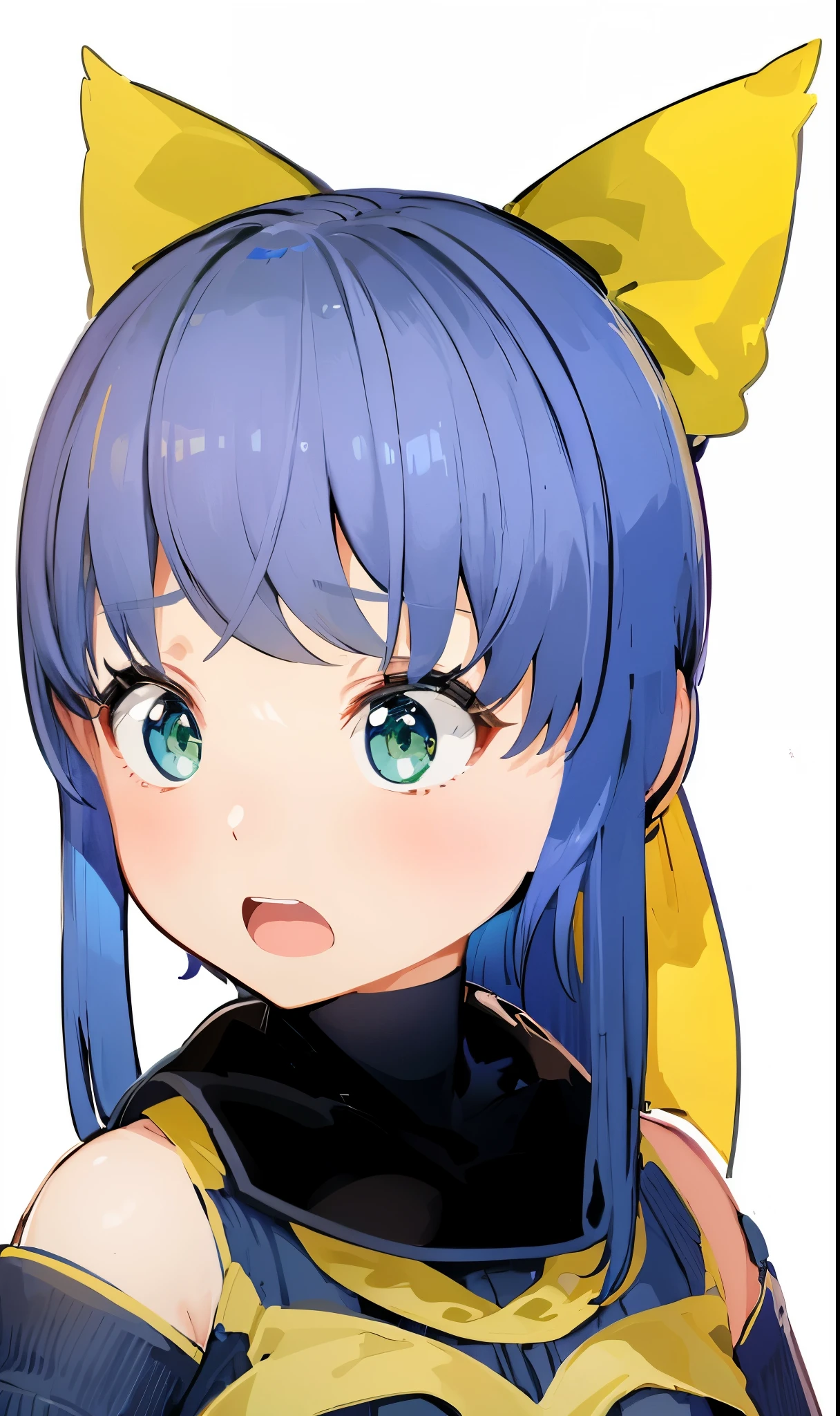 (Surprised:1.5),girl,10 years old,blue hair,yellow ribbon,beautiful girl,An illustration,cute,highest quality,green eyes