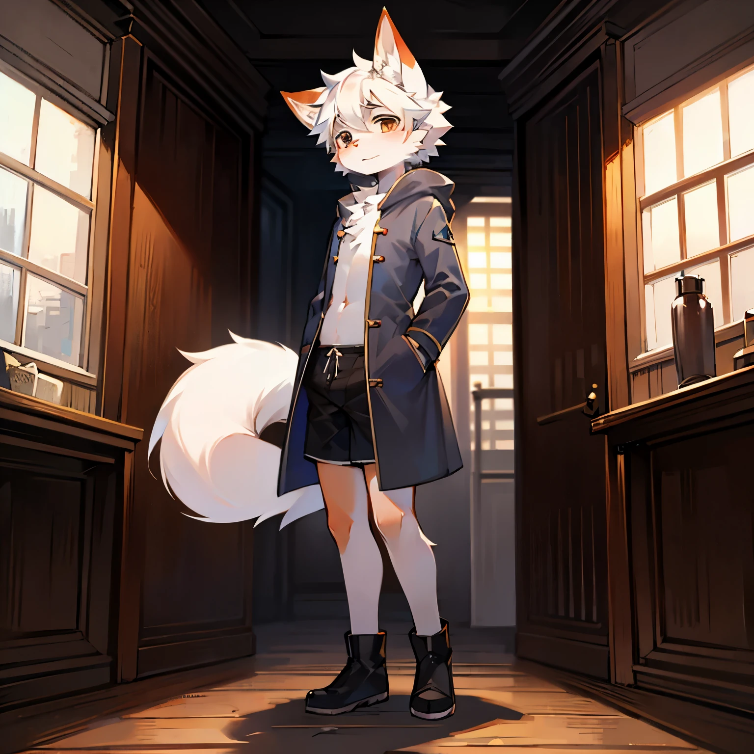 fox boy，male focus，Cute appearance，Characteristics of a three-year-old boy，furry men，Furry Shota，white hair，One meter six height，coat，shorts，Standing posture