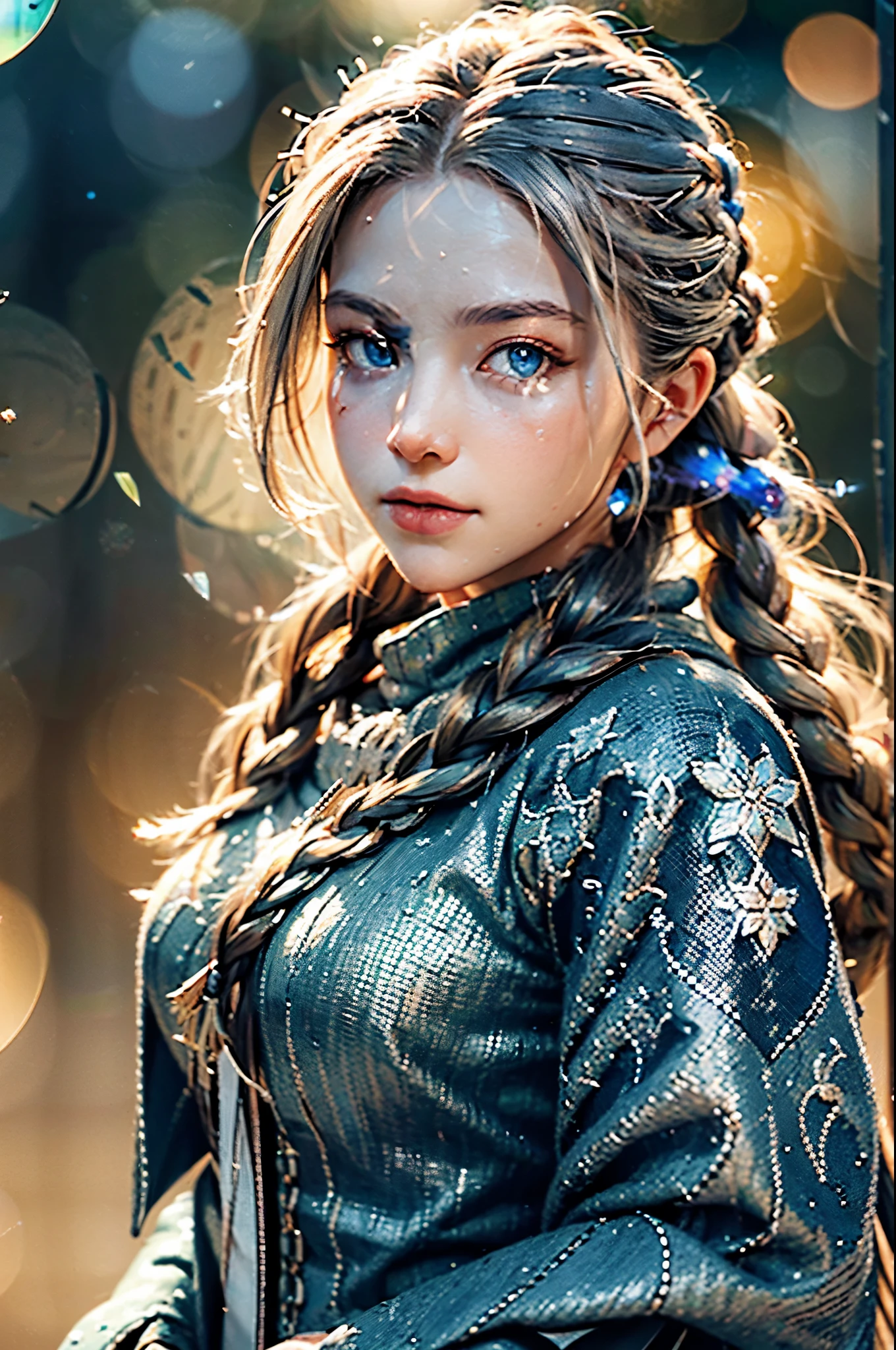 A fiercely proud Nordic girl stands, her presence exuding unwavering strength. Her blonde braids cascade down her back, framing a face marked by determination and resilience. This stunning portrait captures her piercing blue eyes, reflecting the icy landscapes of her homeland. The intricate details of her embroidered Viking armor and fur-lined cloak speak of her warrior spirit. This high-quality painting seamlessly combines power and grace, drawing the viewer into the captivating story of a fierce Nordic warrior princess. playful body manipulations, divine proportion, non-douche smile, gaze into the camera, holographic shimmer, whimsical lighting, enchanted ambiance, soft textures, imaginative artwork, ethereal glow, silent Luminescence, whispering Silent, iridescent Encounter, vibrant background, by Skyrn99, full body, (((rule of thirds))), high quality, high detail, high resolution, (bokeh:2), backlight, long exposure:2

