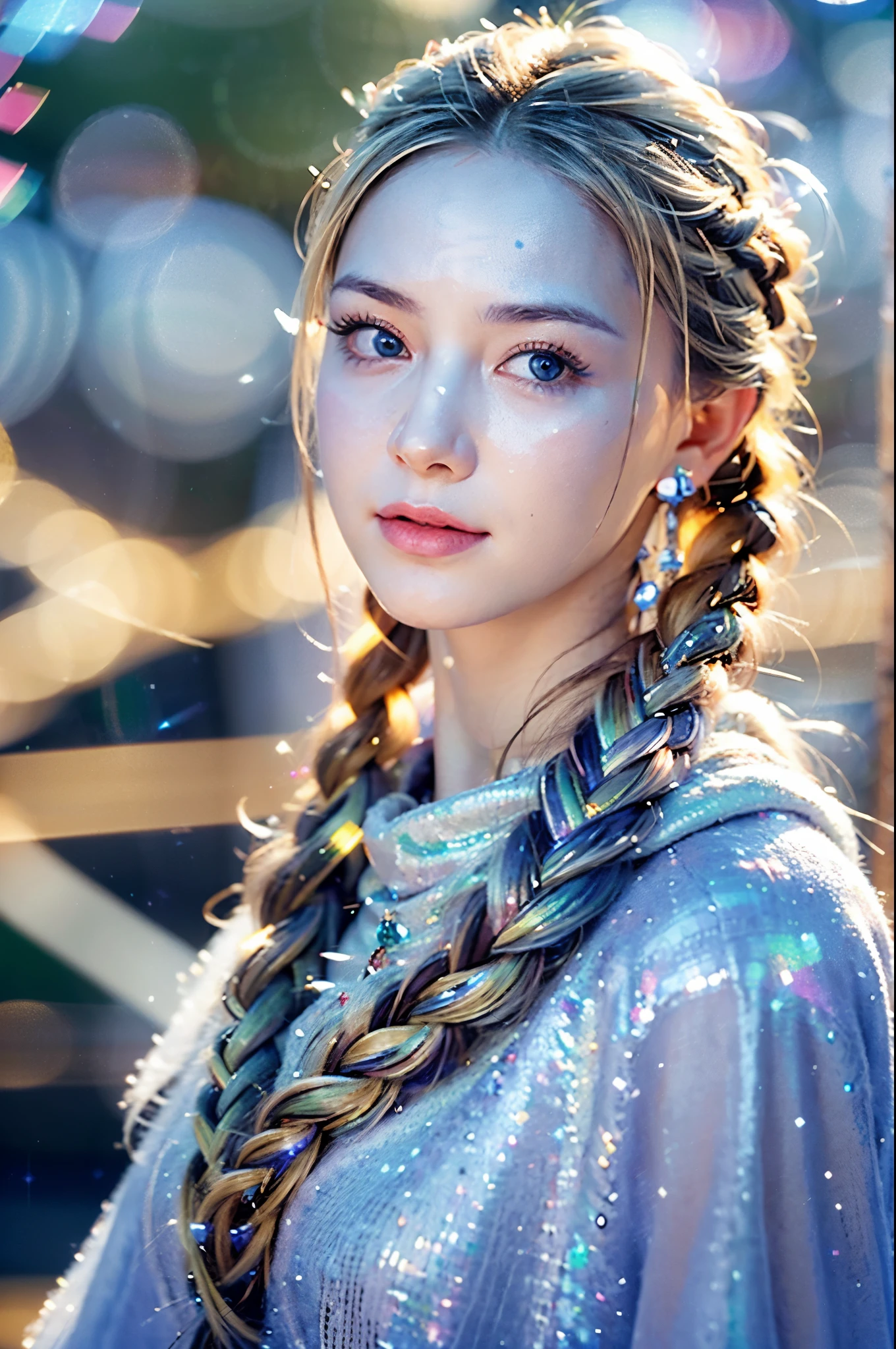 A fiercely proud Nordic girl stands, her presence exuding unwavering strength. Her blonde braids cascade down her back, framing a face marked by determination and resilience. This stunning portrait captures her piercing blue eyes, reflecting the icy landscapes of her homeland. The intricate details of her embroidered Viking armor and fur-lined cloak speak of her warrior spirit. This high-quality painting seamlessly combines power and grace, drawing the viewer into the captivating story of a fierce Nordic warrior princess. playful body manipulations, divine proportion, non-douche smile, gaze into the camera, holographic shimmer, whimsical lighting, enchanted ambiance, soft textures, imaginative artwork, ethereal glow, silent Luminescence, whispering Silent, iridescent Encounter, vibrant background, by Skyrn99, full body, (((rule of thirds))), high quality, high detail, high resolution, (bokeh:2), backlight, long exposure:2
