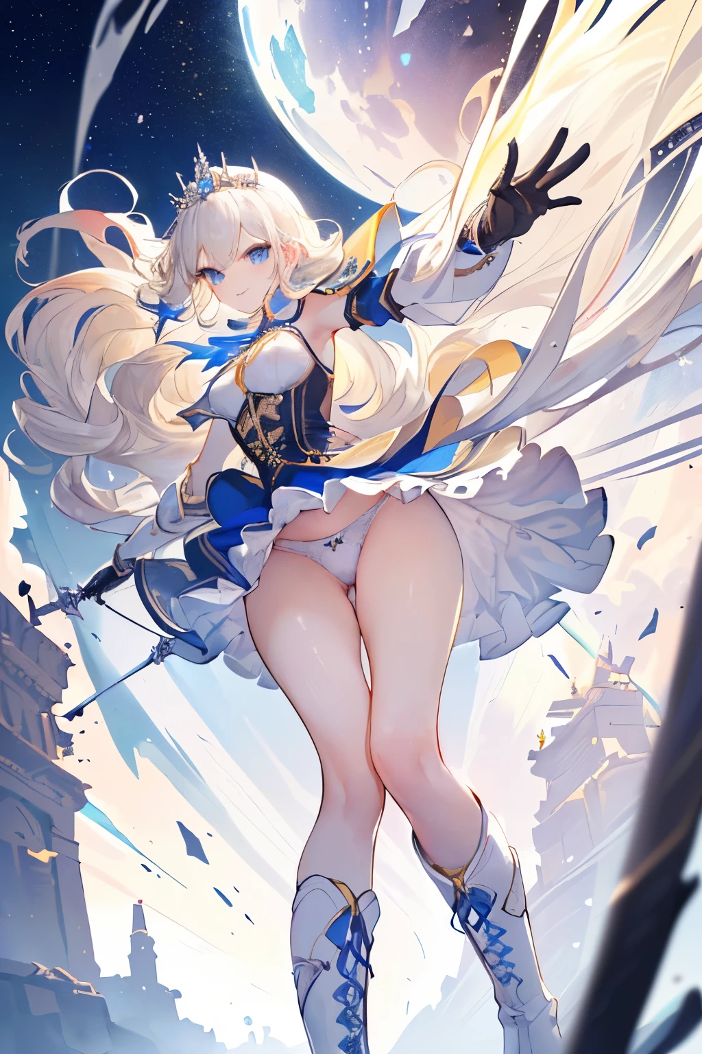 (((((1girl))))), ((best quality)), ((masterpiece)), ((ultra-detailed)), (illustration), (detailed light), (an extremely delicate and beautiful), (beautiful detailed eyes), (sunlight), ((extremely light)), ((extremely clothes)), (((hyper detail))),(((((front lighting))))),(((((front light))))),
((((quite adorable white Armor with a brief skirt and a tiara)))),
(((Expert Destroyer))),
(((wavy long))), ((((platinum blonde)))), (((long hair))), (((sky blue eyes))),
((((whole body)))), aged 5 to 8, ((((very adorable young girl)))), ((condescending expression)), ((mischievous smile with sexual satisfaction)), (((extra adorable))), (((((extra slender shape))))), (((((extremely beautiful detailed face))))),
(((dynamically attacking enemies with a broad-sword))),
(((elegant magic boots))), (Dutch angle), (((elegant magic gloves))), ((transparent magical underskirt)), (a little bit exposed adorable magical panties)