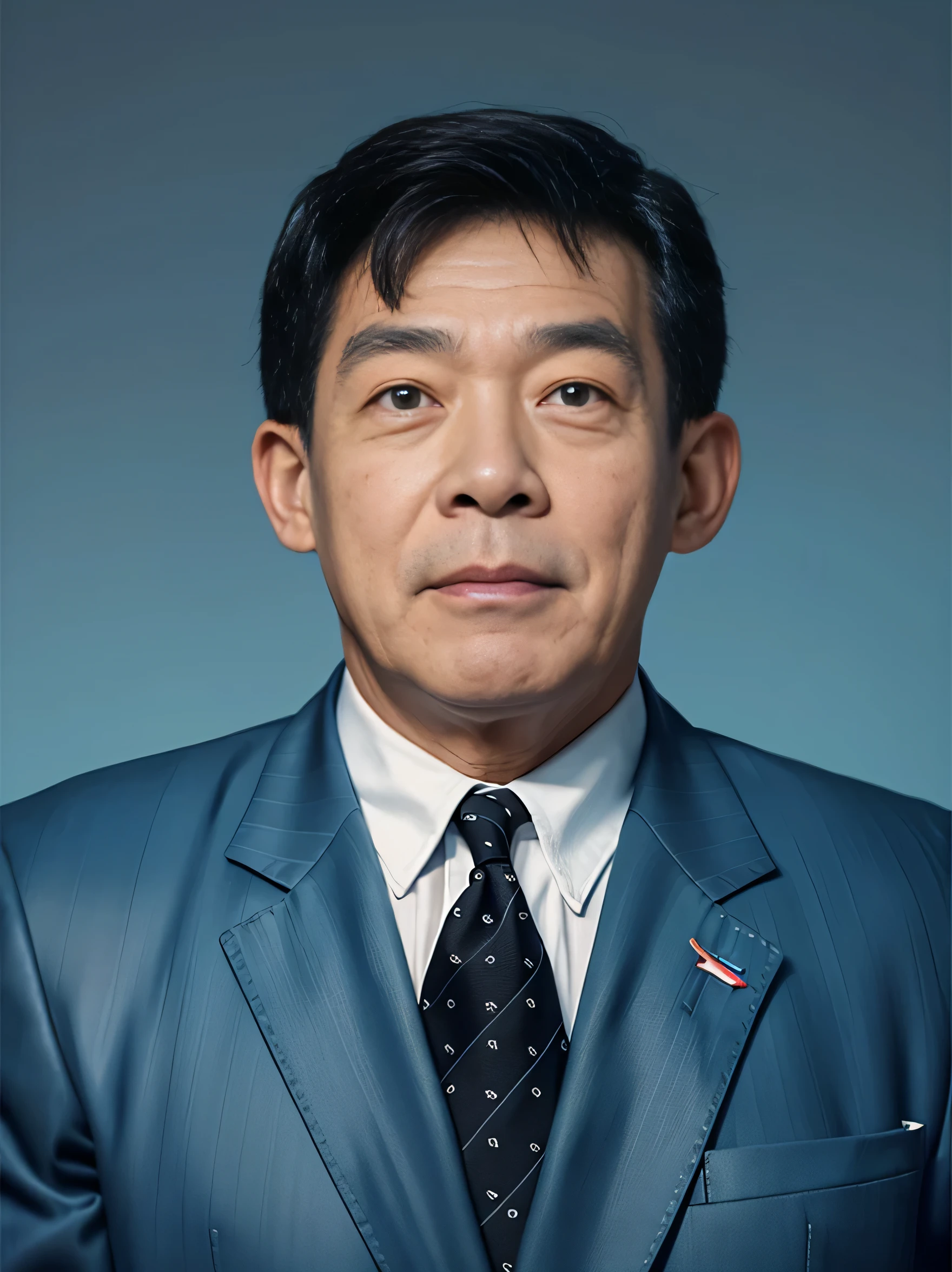 Highly realistic photo, ((masterpiece), (best quality), (raw photo), (photorealistic:1.4), Portrait of Vietnamese old man, 65 years old, ((black hair)), ((wearing a black suit)), ((light blue gradient background)), photo taken by Sony A7IV