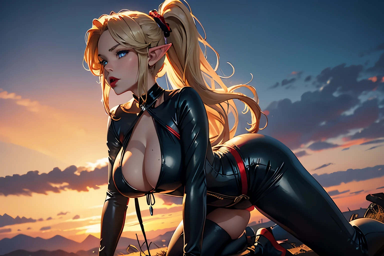 full body, an elf with long ponytail curly blonde hair, red lips, bright blue eyes, giant breasts, round ass, sexy body, wearing a flittering princess traditional dress with a full black leather body suit above it, on one side at sunset, with a metal collar around his neck and something in his mouth
