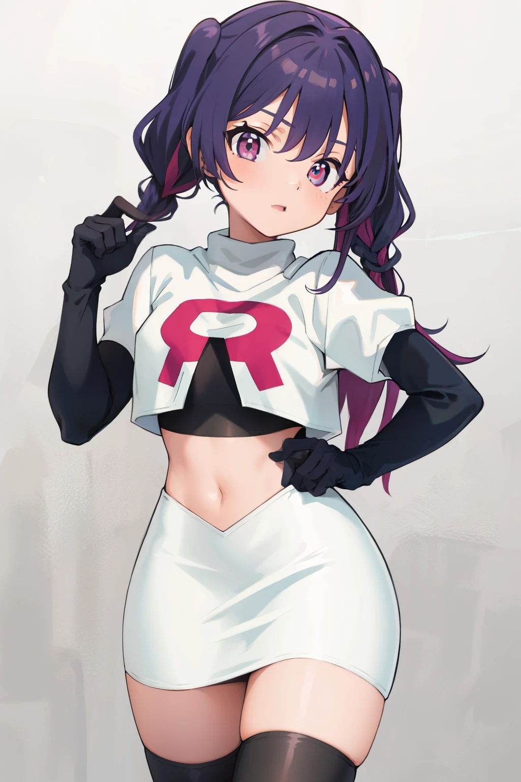 (solo, 1girl:1.2), 
(portrait), 
simple background,
official art, 
twintails, purple hair, purple eyes, multicolored eyes, spider girl, gradient eyes, 
team rocket,team rocket uniform, red letter R, white skirt,white crop top,black thigh-highs,black elbow gloves