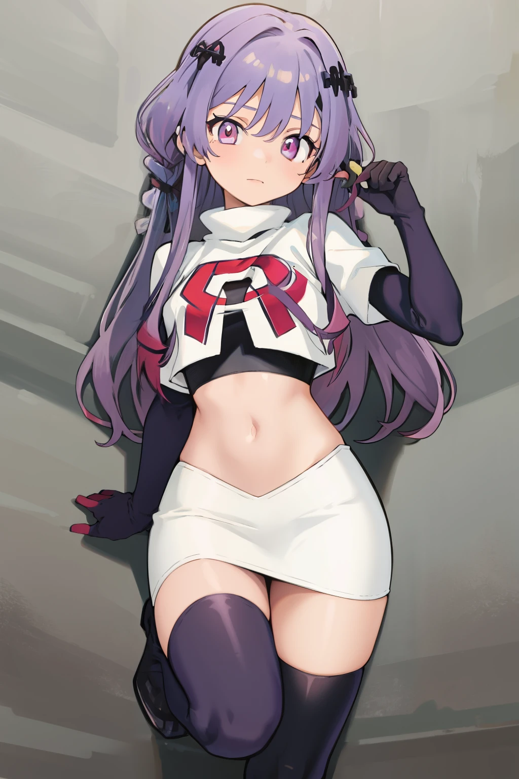 (solo, 1girl:1.2), 
(portrait), 
simple background,
official art, 
twintails, purple hair, purple eyes, multicolored eyes, spider girl, gradient eyes, 
team rocket,team rocket uniform, red letter R, white skirt,white crop top,black thigh-highs,black elbow gloves