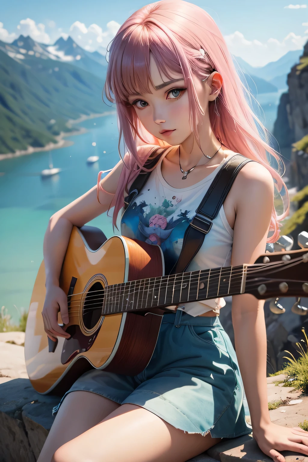 Beautiful anime watercolorpainting of summerpunk girl. Sitting on a top of a mountain playing Guitar, trending on artstation, 8k, masterpiece, fine detail, full of color, intricate detail, golden ratio illustration
