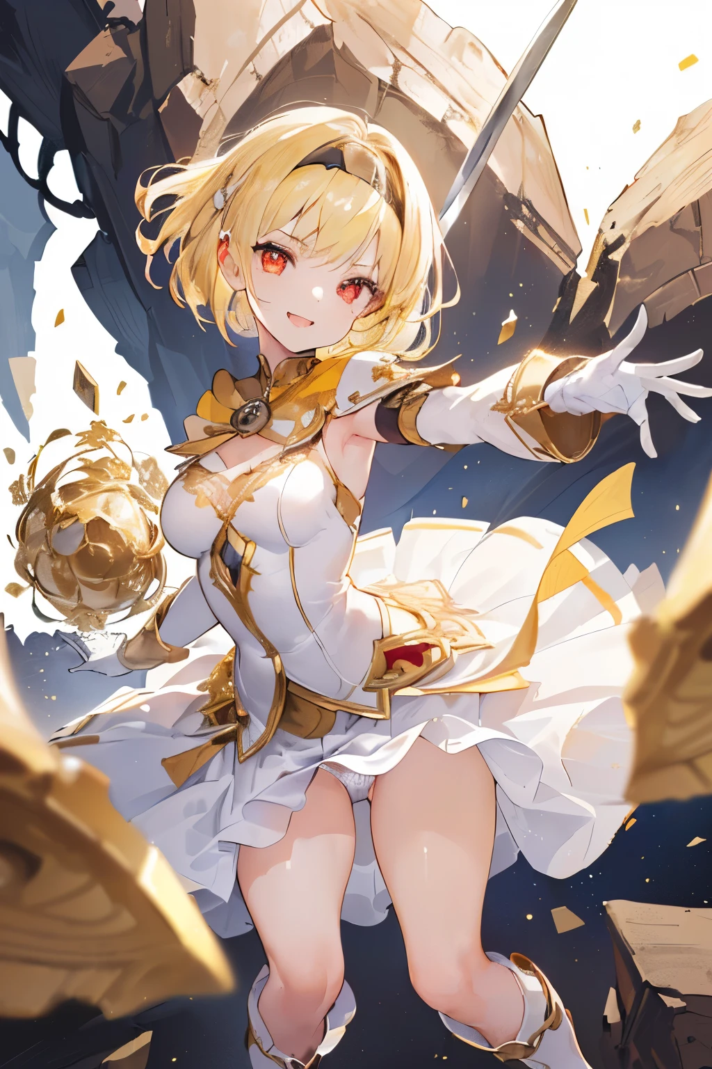 (((((1girl))))), ((best quality)), ((masterpiece)), ((ultra-detailed)), (illustration), (detailed light), (an extremely delicate and beautiful), (beautiful detailed eyes), (sunlight), ((extremely light)), ((extremely clothes)), (((hyper detail))),(((((front lighting))))),(((((front light))))),
((((quite adorable white Armor with a brief skirt and a headband)))),
(((Expert Destroyer))),
(((wavy short bob))), ((((yellow gold hair)))), (((short hair))),
(((deep red eyes))),
((((whole body)))), aged 5 to 8, ((((very adorable young girl)))), ((condescending expression)), ((mischievous smile with sexual satisfaction)), (((extra adorable))), (((((extra slender shape))))), (((((extremely beautiful detailed face))))),
(((dynamically attacking enemies with a sword))),
(((elegant magic boots))), (Dutch angle), (((elegant magic gloves))), ((transparent magical underskirt)), (a little bit exposed adorable magical panties)