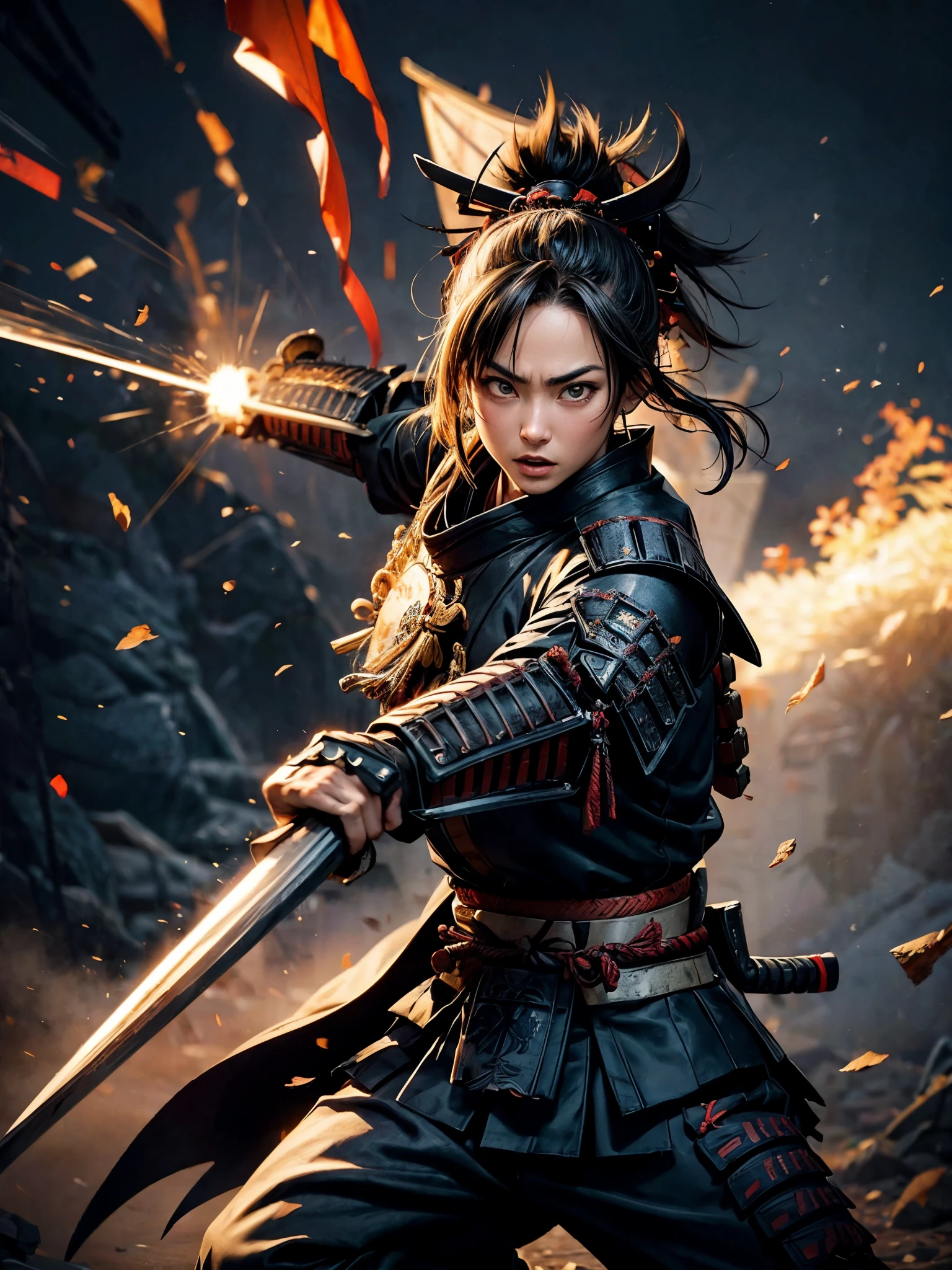 detailed (((samurai fighting))), American Marine Corps special forces, intense battle scenes,weapon clashes, fierce expressions of determination, traditional Japanese armor, flowing samurai robes, precise swordplay, sparks flying in the air, dust and debris, dramatic lighting effects, powerful and dynamic poses, colorful background, high-resolution illustration, vibrant colors, photorealistic style, gritty and intense atmosphere