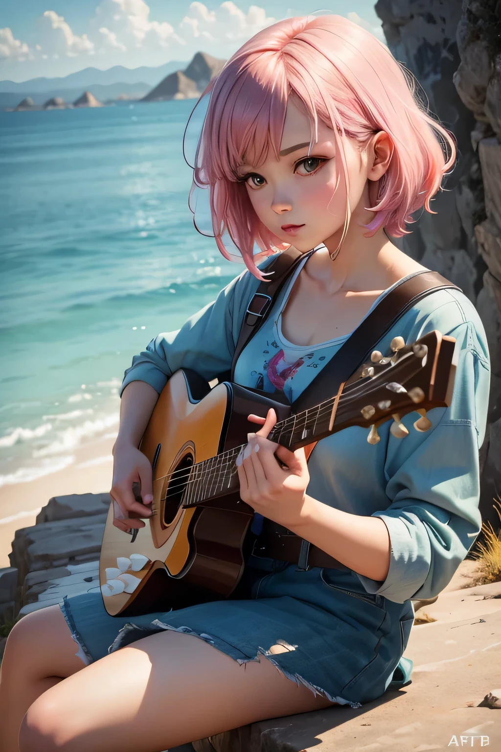 Beautiful anime watercolorpainting of summerpunk girl. Sitting on a top of a mountain playing Guitar,  trending on artstation, 8k, masterpiece, fine detail, full of color, intricate detail, golden ratio illustration