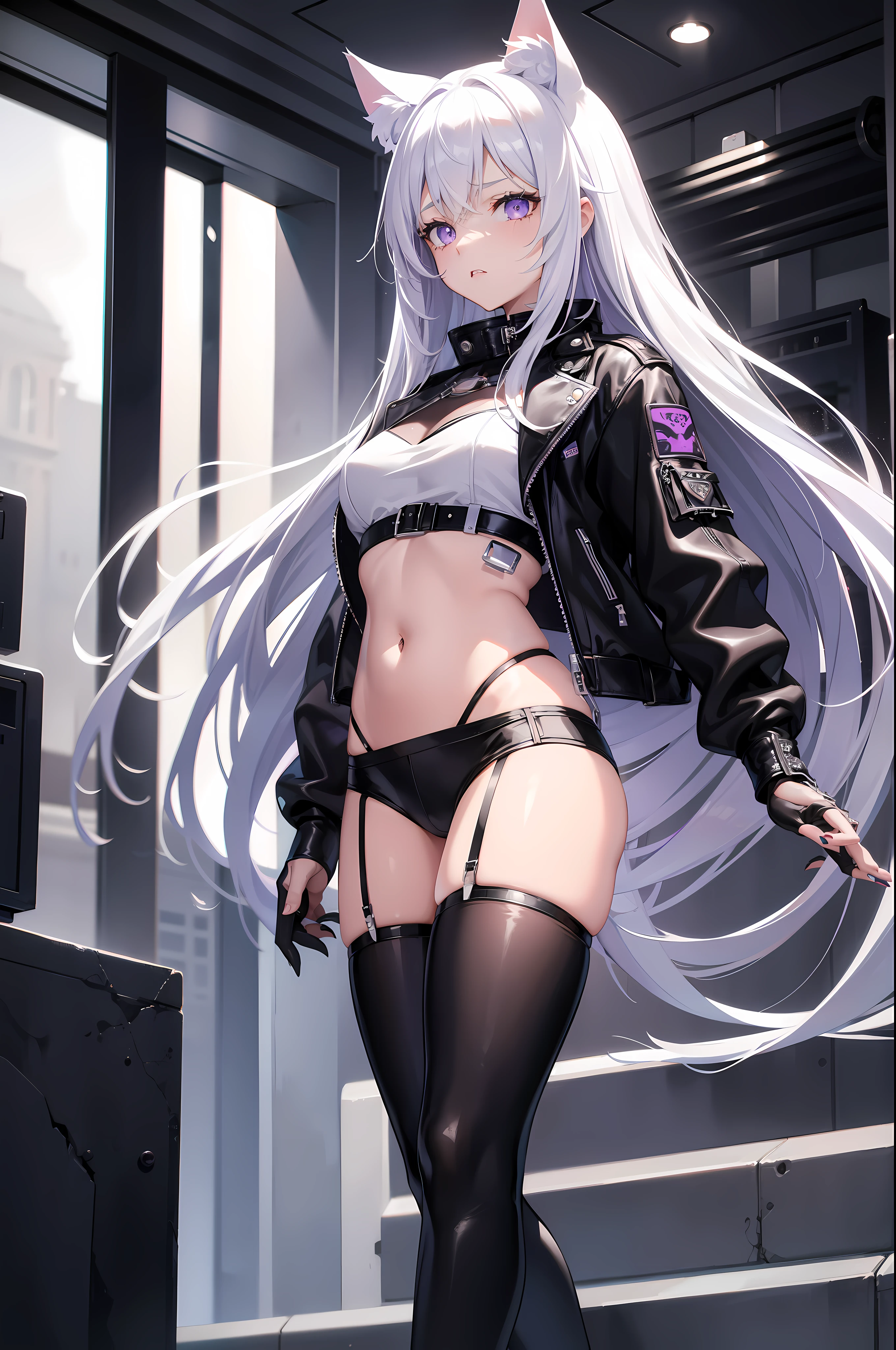 young girl, long white hair, cat ears, purple eyes, leather jacket, briefs, tear a stocking, black top, open your stomach, Lots of scars, nippers, fury, masterpiece, high quality