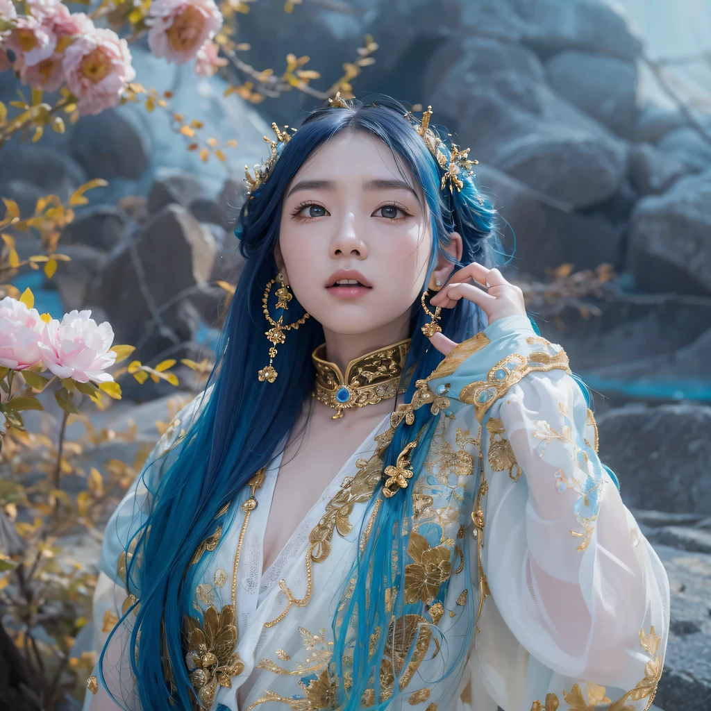 Yellow blue colors,enamel,agate,A flesh-colored world,Blood Blue Maiden 32k(masterpiece,HD,Aoyama Pond,Ultra high quality,32k)long flowing bright blue hair,blood pool,Ziddink, a color,Grumpy (After greeting), (Linen scarf), fighting stance, looking at the ground, long white hair, Floating bright blue, Fire cloud gold headdress, Chinese long-sleeved gold silk burgundy garment, (Abstract metaverse splash:1.2), White background,Peony flower vitality protector(realistically:1.4),bright purple hair,Smoke on the road,The background is very pure, high resolution, detail, RAW photos, Sharp Re, Nikon D850 film photo by Jefferies Lee 4 Kodak Portra 400 camera F1.6 guns, colorful, Ultra-realistic and vivid textures, dramatic lighting, Unreal Engine Art Station Trend, Sinest 800,一个有着long flowing bright blue hair的女孩,huge colorful bubbles