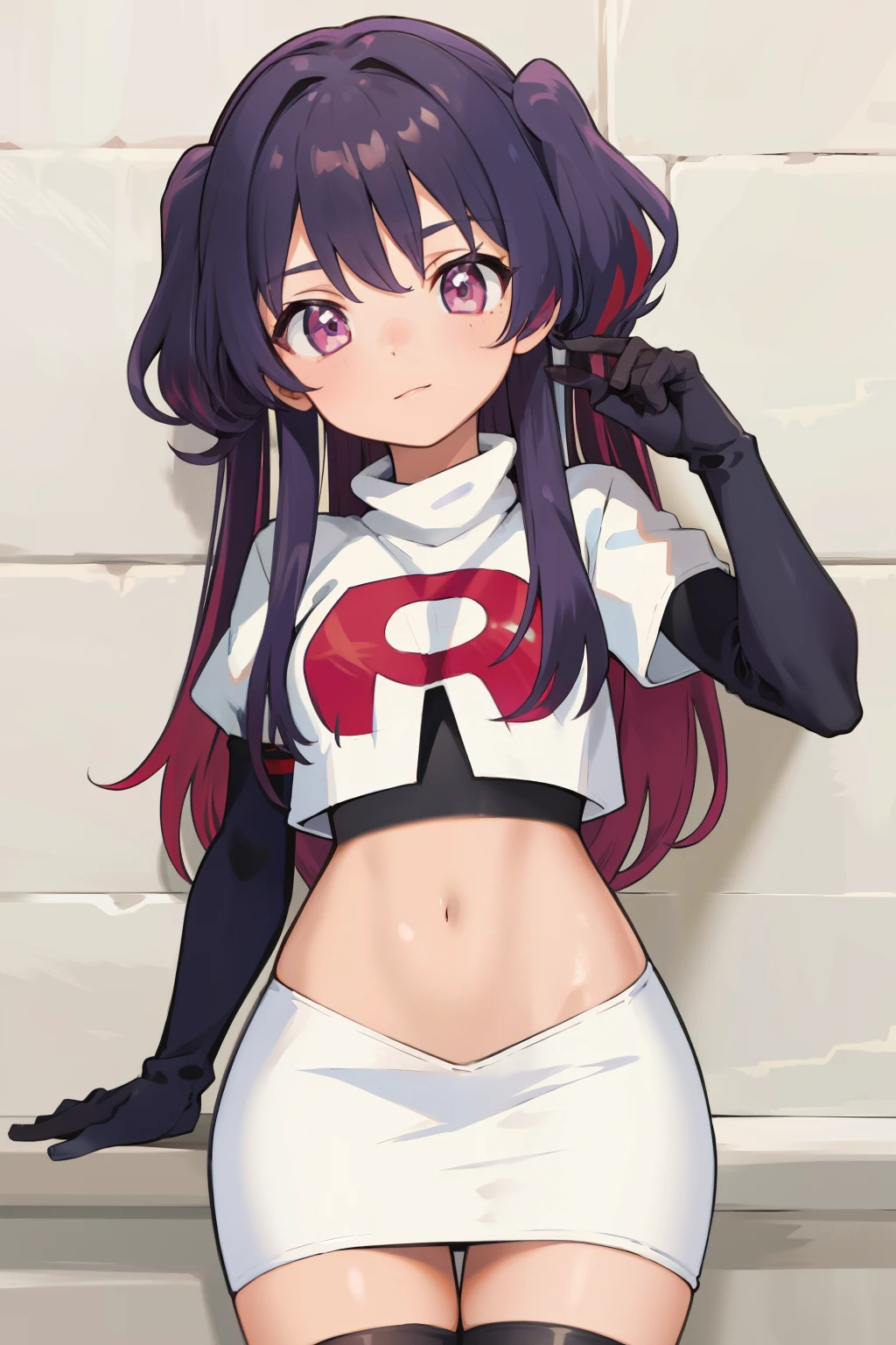 (solo, 1girl:1.2),
(portrait),
simple background,
official art,
twintails, purple hair, purple eyes, multicolored eyes, spider girl, gradient eyes,
team rocket,team rocket uniform, red letter R, white skirt,white crop top,black thigh-highs,black elbow gloves